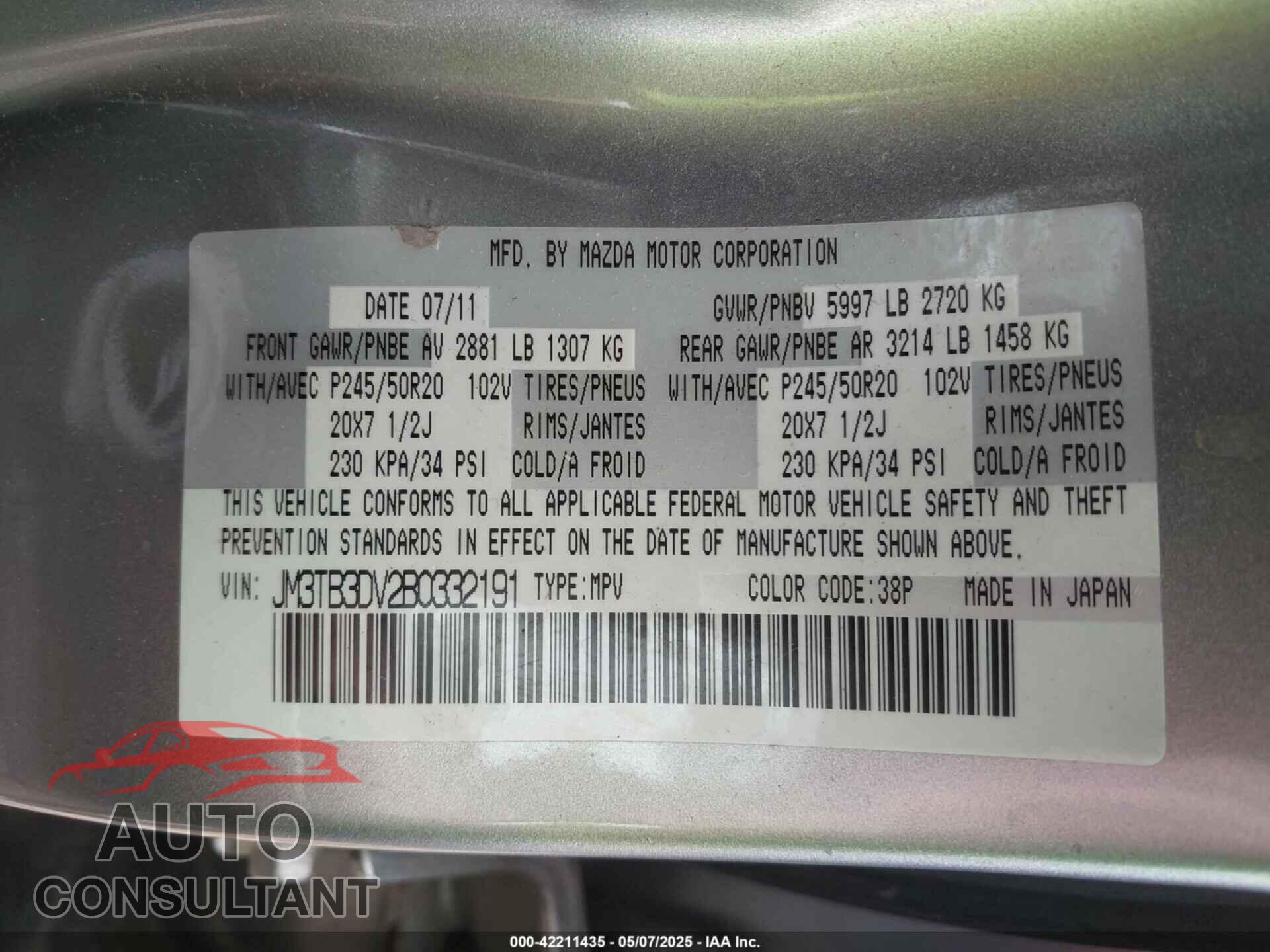 MAZDA CX-9 2011 - JM3TB3DV2B0332191
