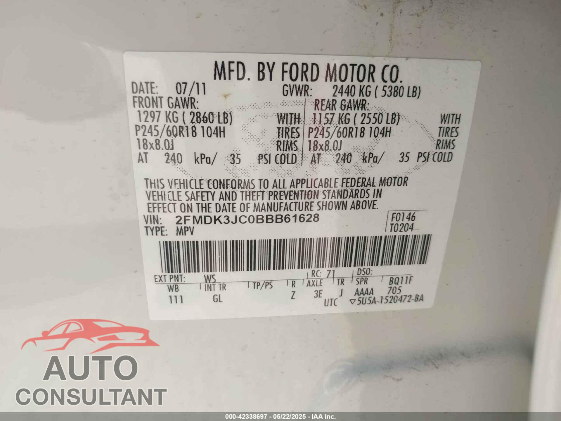 FORD EDGE 2011 - 2FMDK3JC0BBB61628