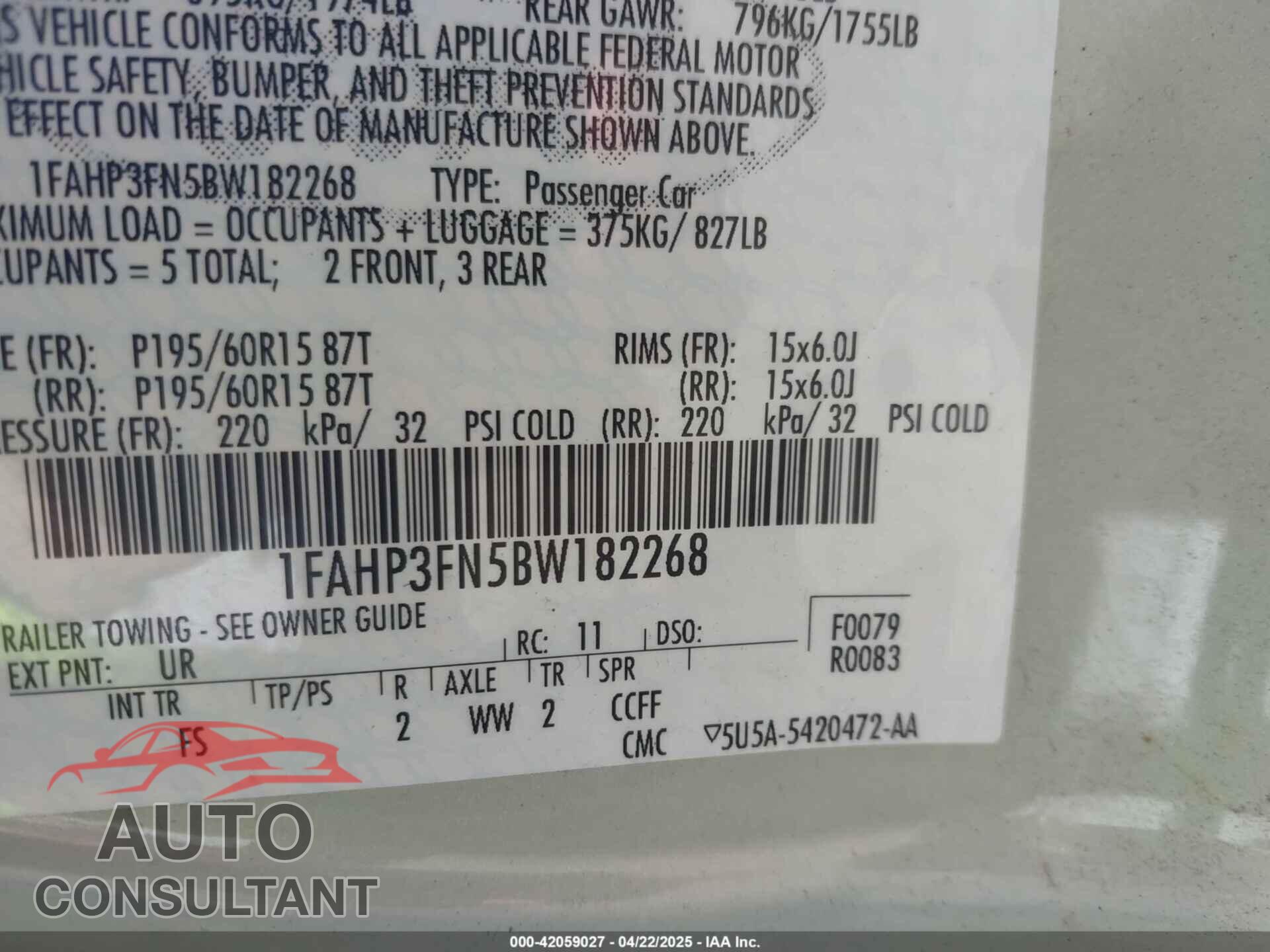 FORD FOCUS 2011 - 1FAHP3FN5BW182268