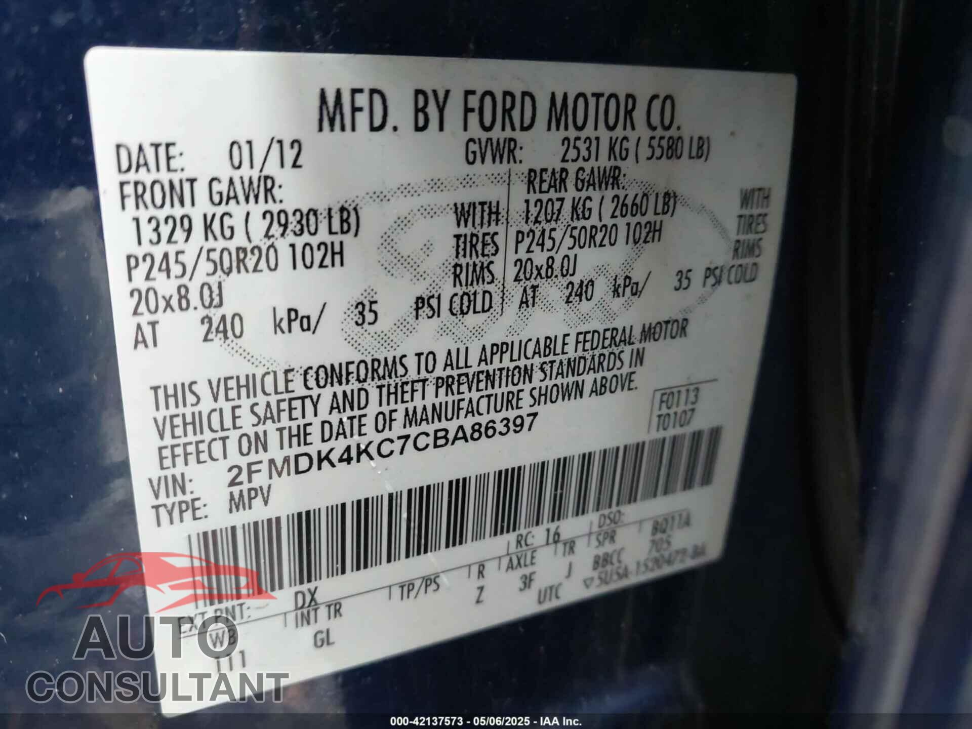 FORD EDGE 2012 - 2FMDK4KC7CBA86397