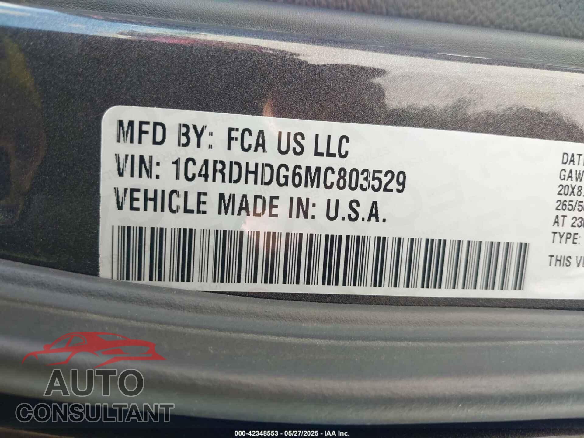 DODGE DURANGO 2021 - 1C4RDHDG6MC803529