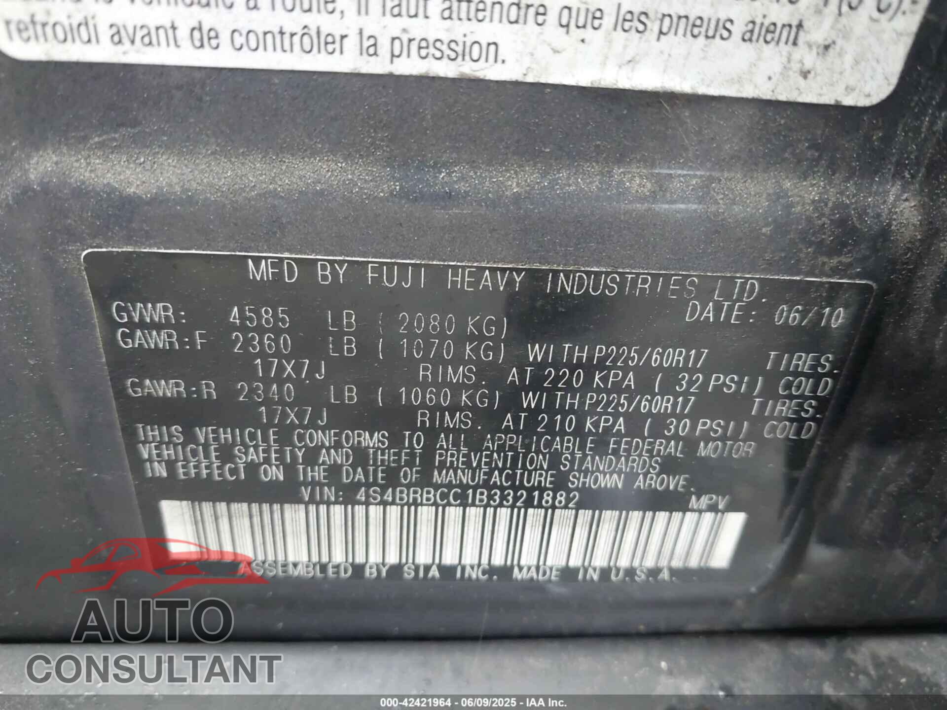 SUBARU OUTBACK 2011 - 4S4BRBCC1B3321882