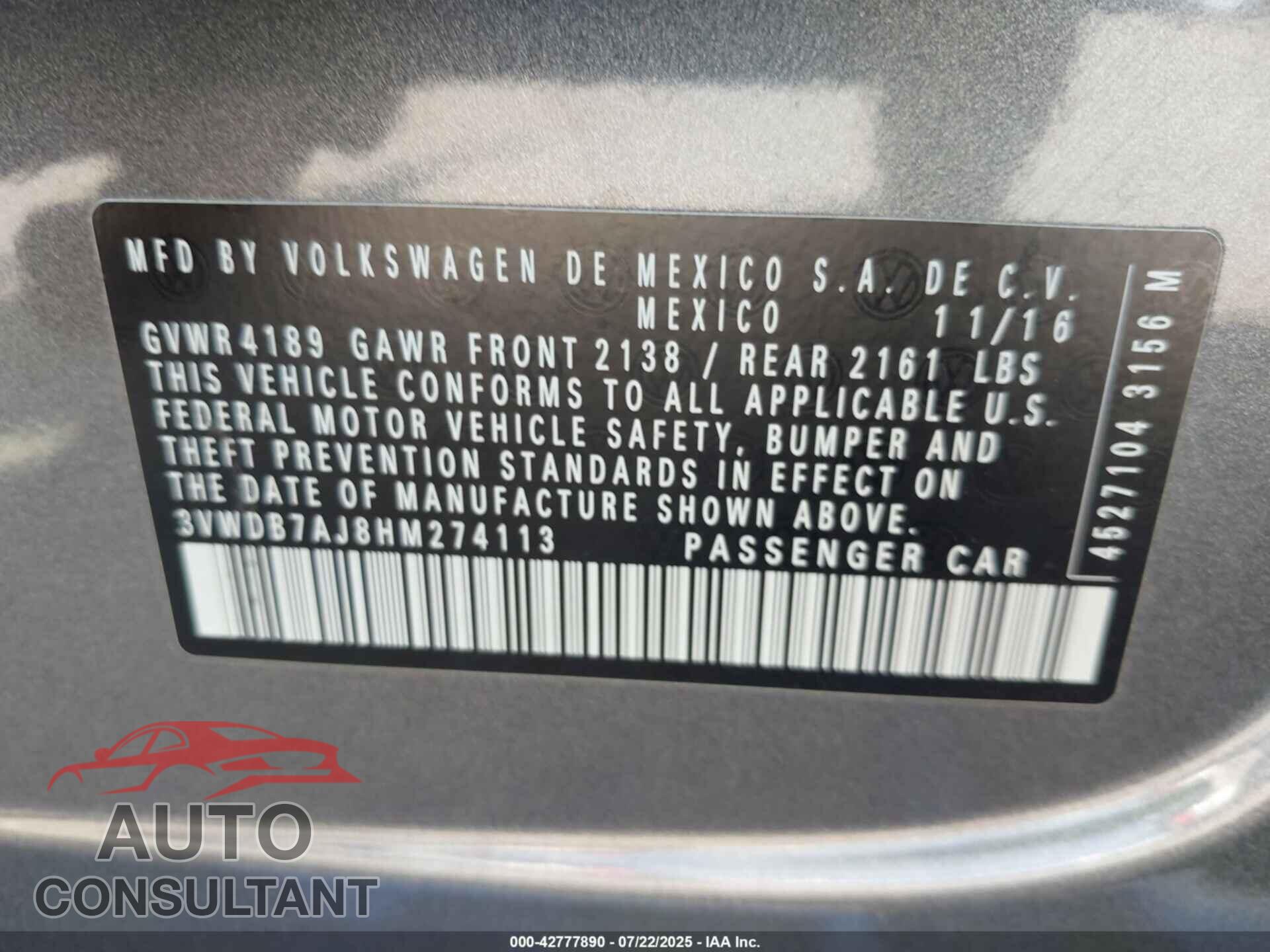VOLKSWAGEN JETTA 2017 - 3VWDB7AJ8HM274113