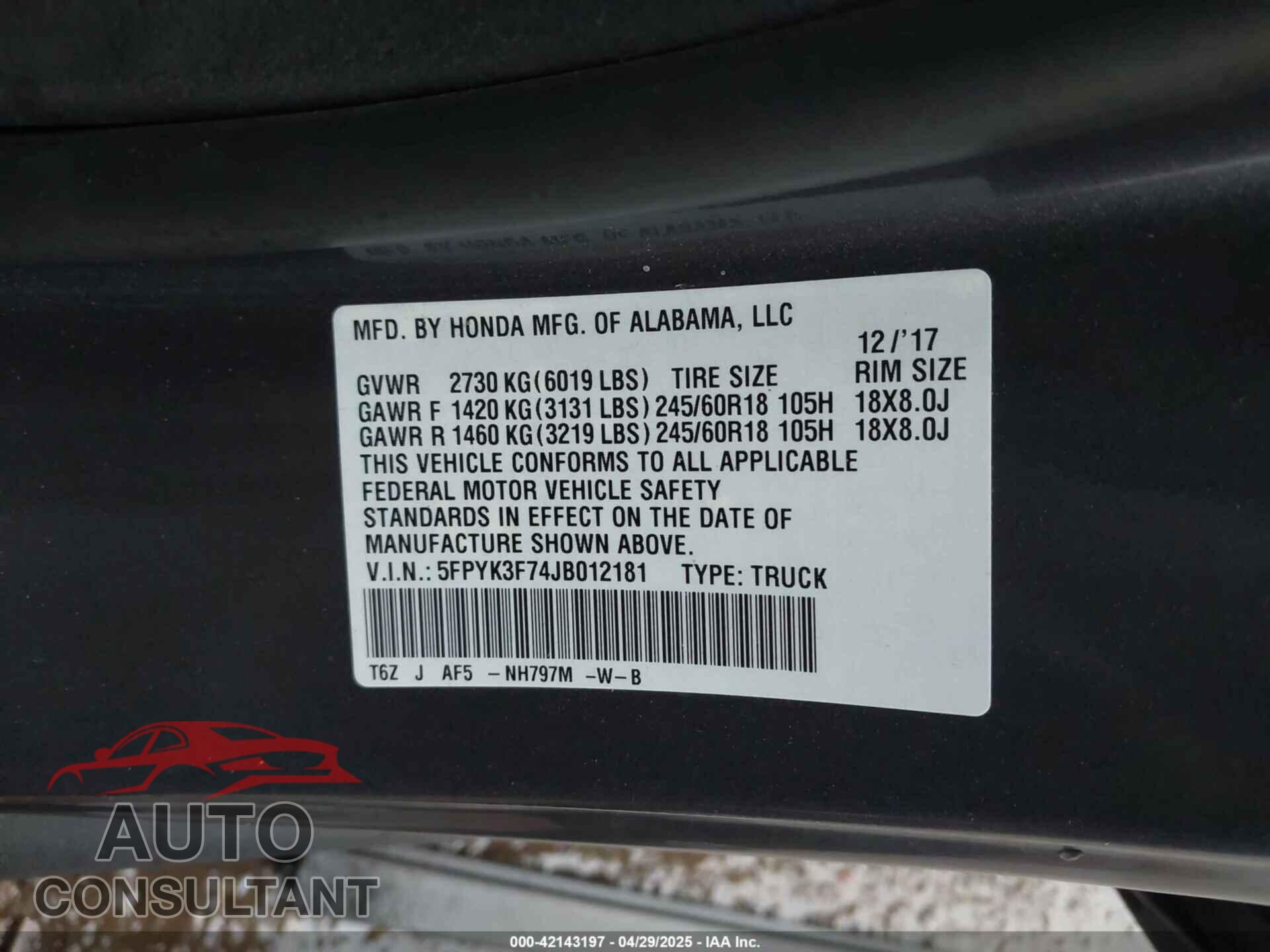 HONDA RIDGELINE 2018 - 5FPYK3F74JB012181