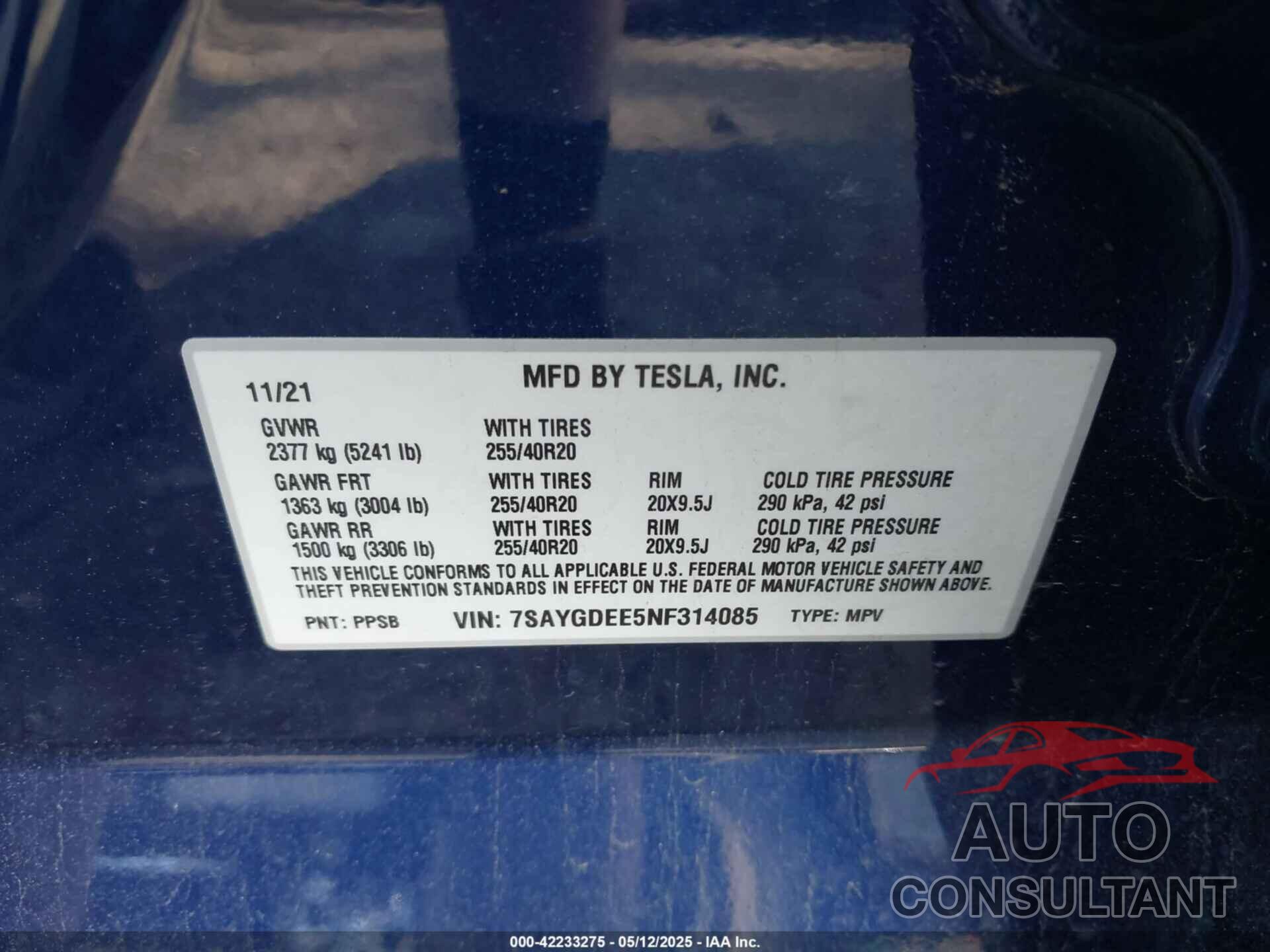 TESLA MODEL Y 2022 - 7SAYGDEE5NF314085
