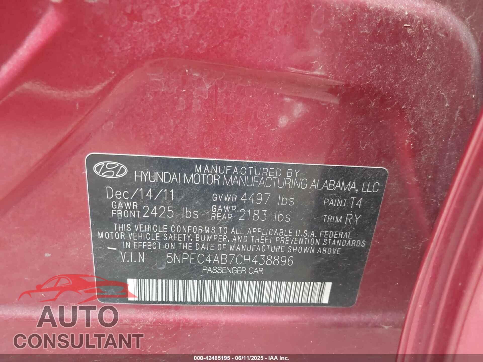 HYUNDAI SONATA 2012 - 5NPEC4AB7CH438896