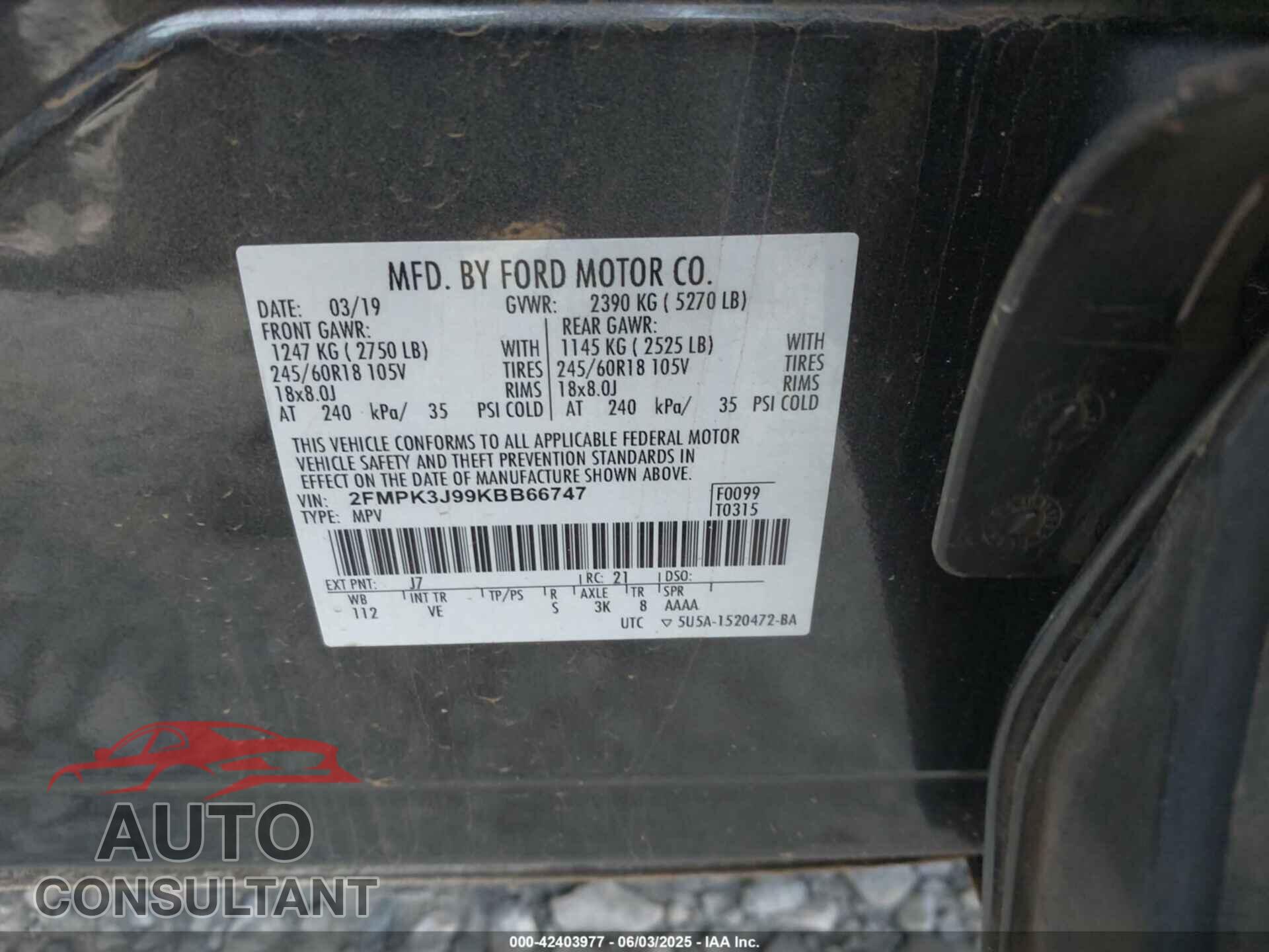 FORD EDGE 2019 - 2FMPK3J99KBB66747
