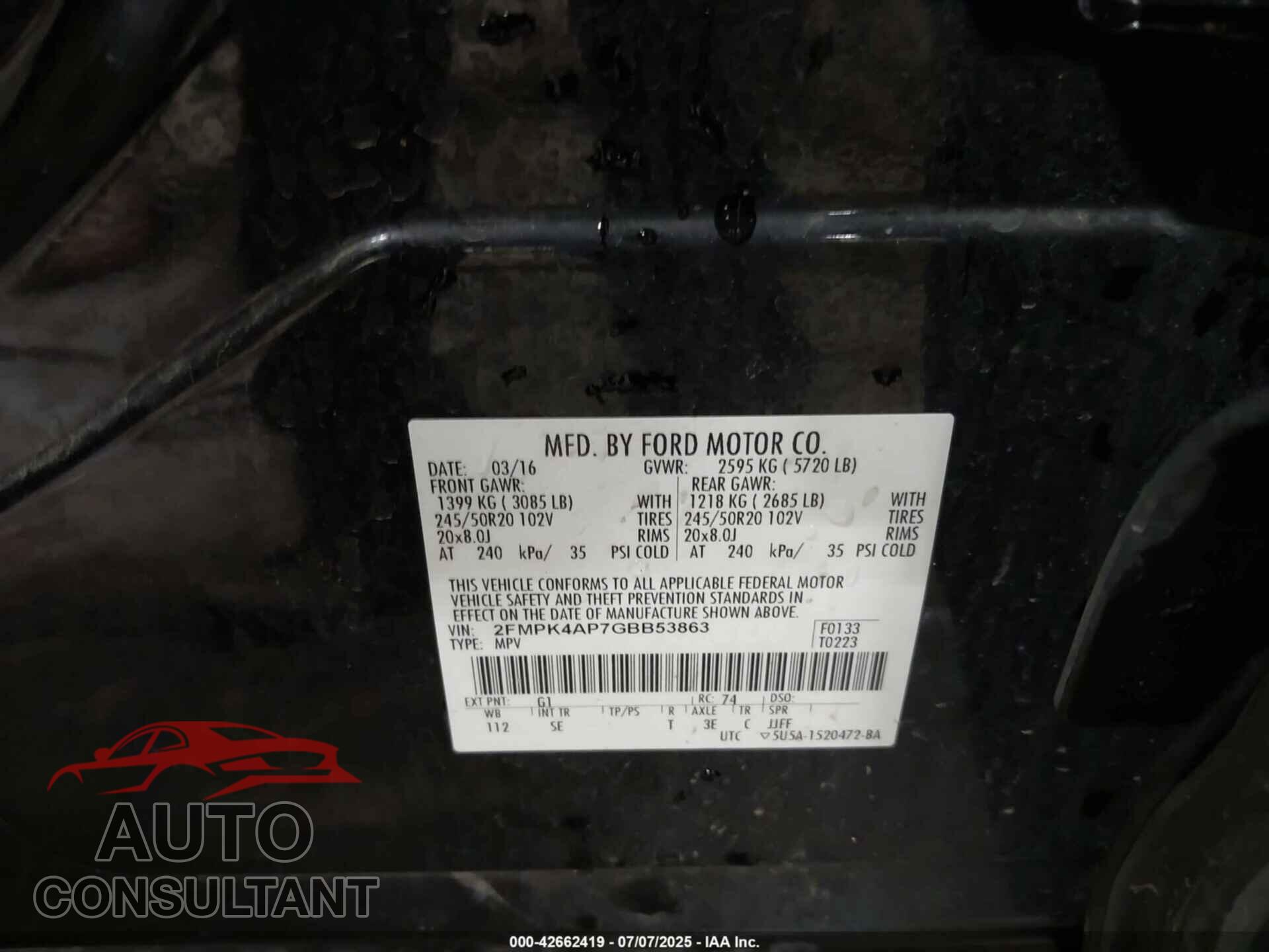 FORD EDGE 2016 - 2FMPK4AP7GBB53863