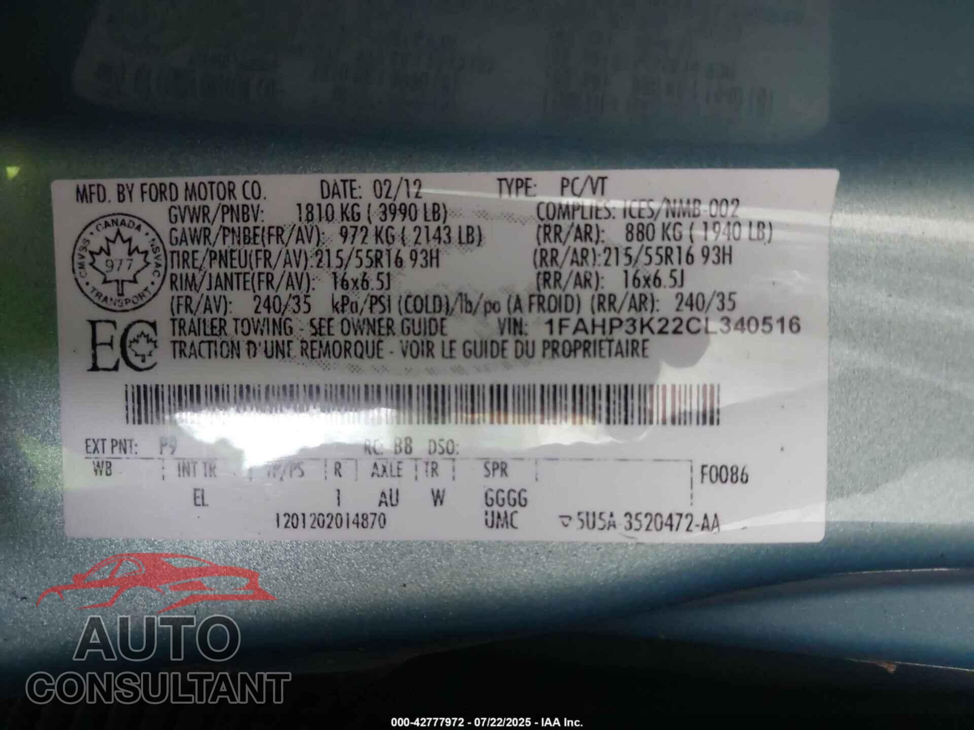 FORD FOCUS 2012 - 1FAHP3K22CL340516