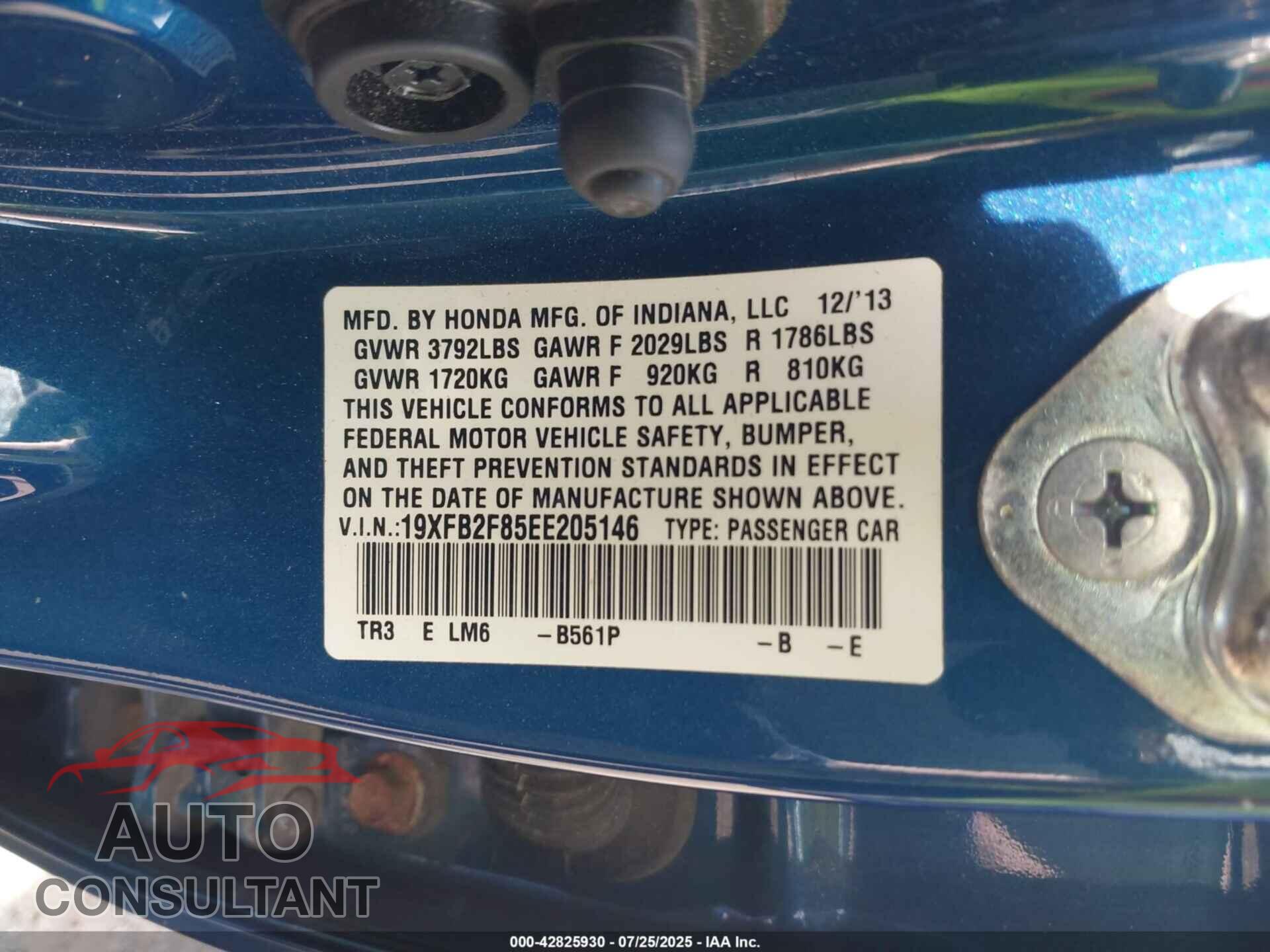 HONDA CIVIC 2014 - 19XFB2F85EE205146