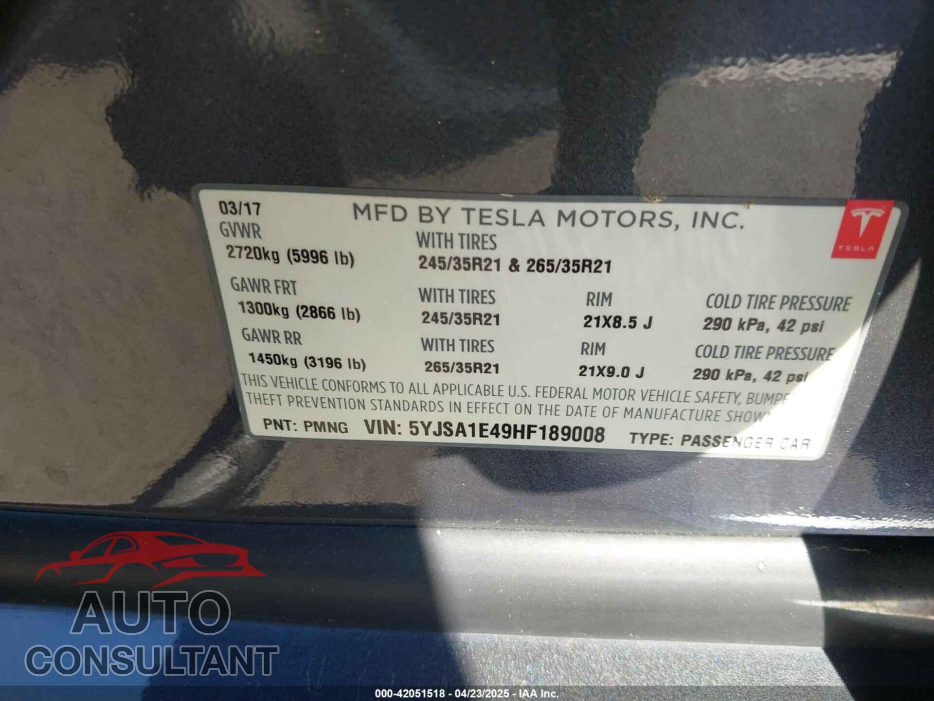 TESLA MODEL S 2017 - 5YJSA1E49HF189008