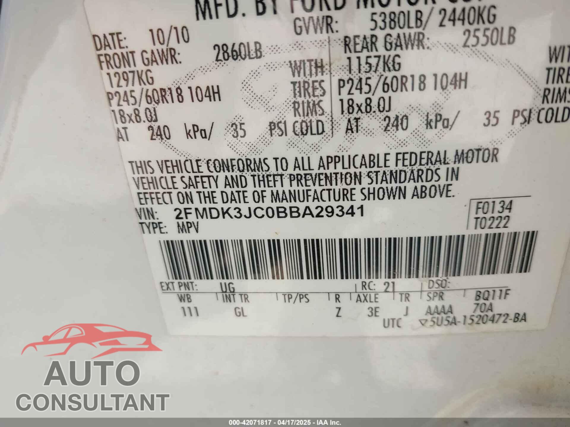 FORD EDGE 2011 - 2FMDK3JC0BBA29341