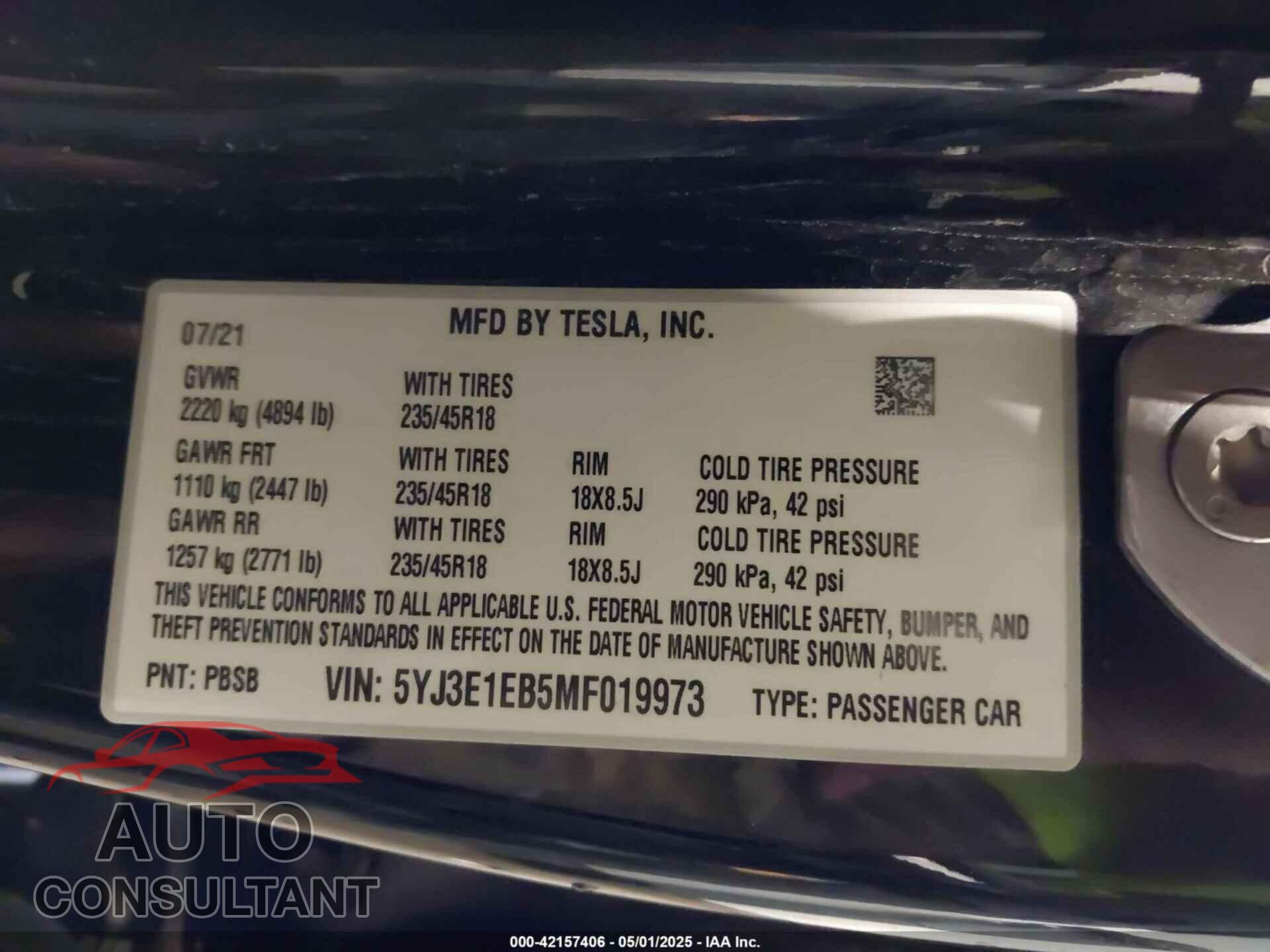 TESLA MODEL 3 2021 - 5YJ3E1EB5MF019973