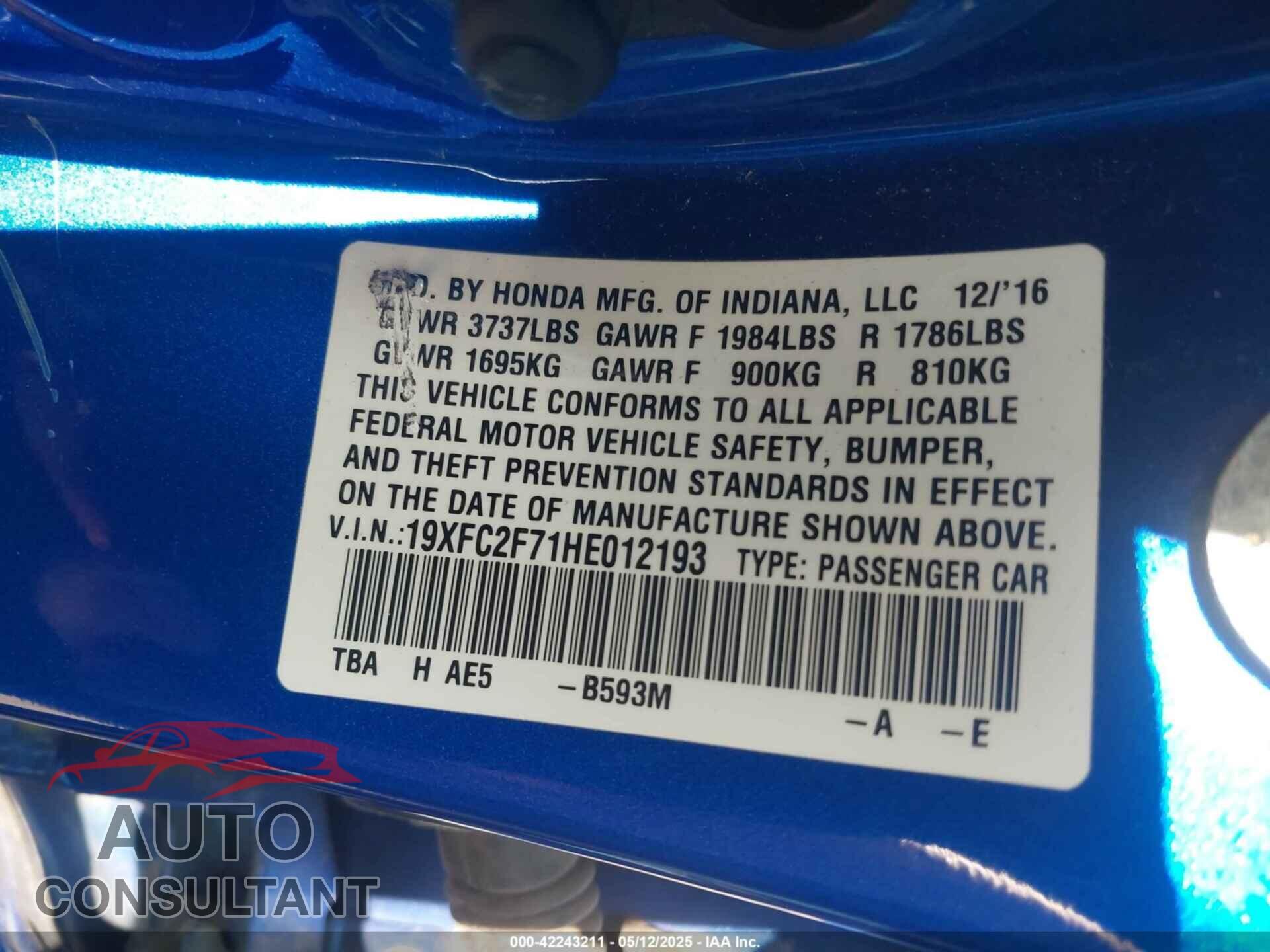 HONDA CIVIC 2017 - 19XFC2F71HE012193
