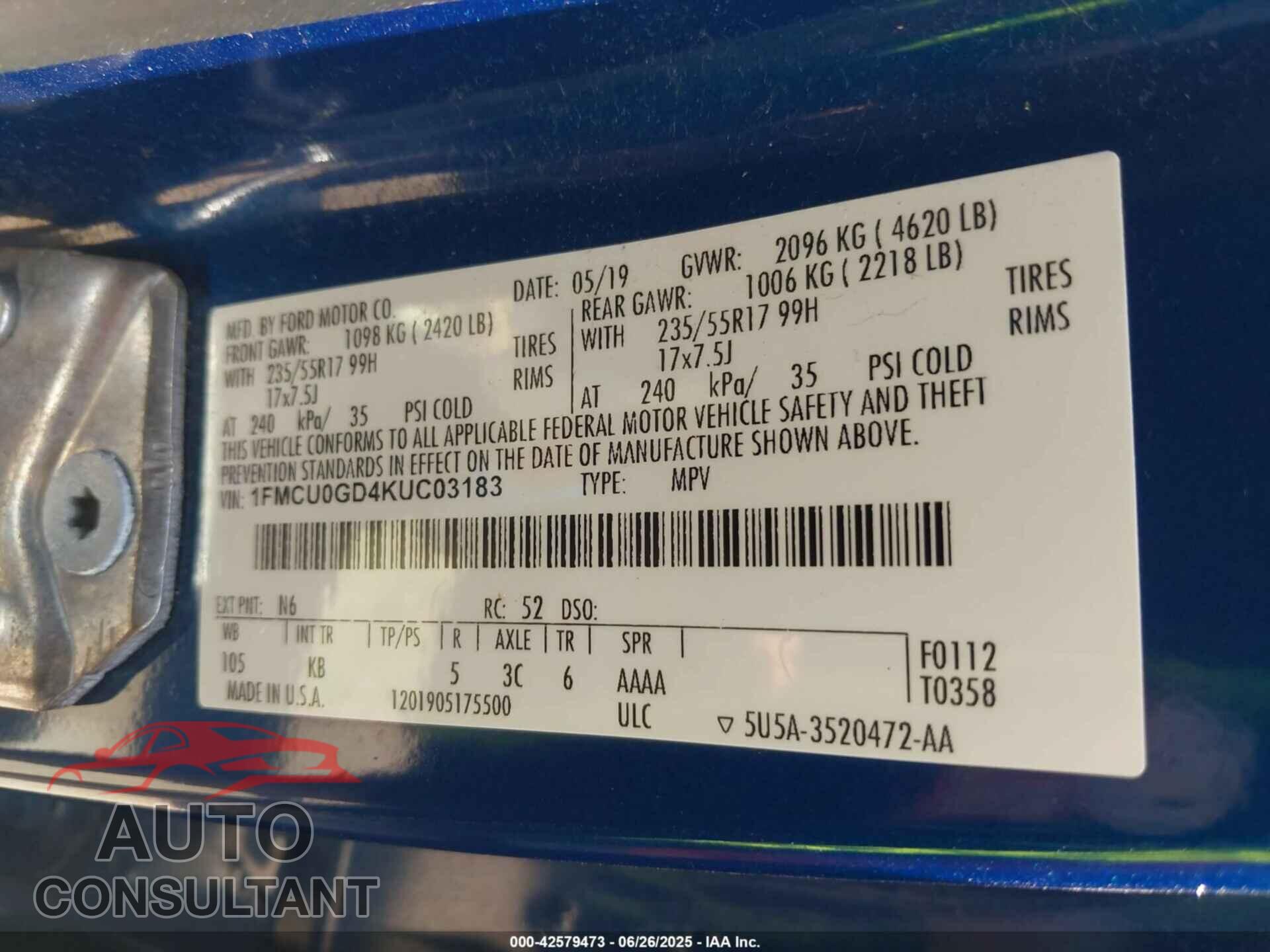 FORD ESCAPE 2019 - 1FMCU0GD4KUC03183