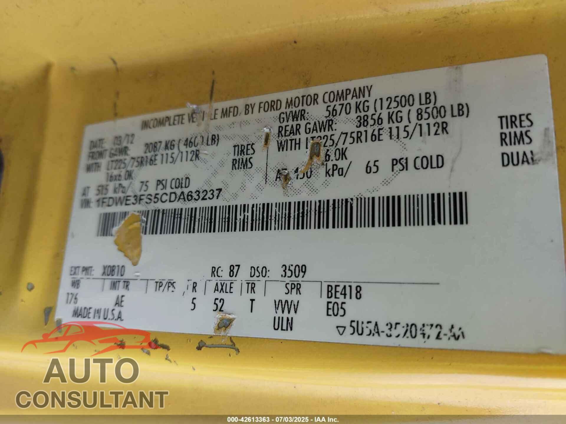 FORD E-350 CUTAWAY 2012 - 1FDWE3FS5CDA63237