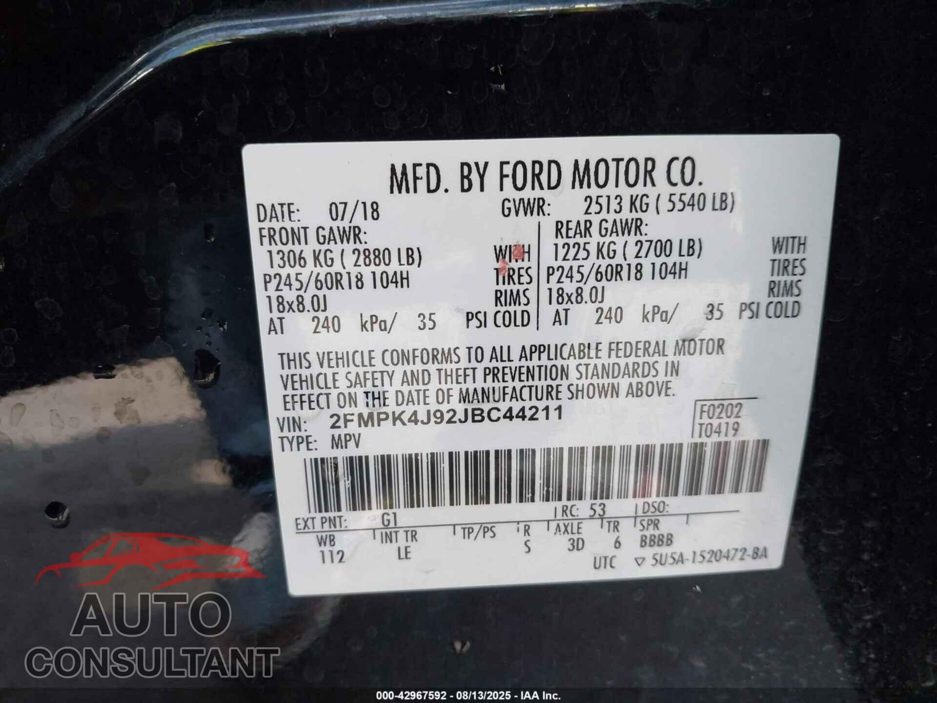 FORD EDGE 2018 - 2FMPK4J92JBC44211