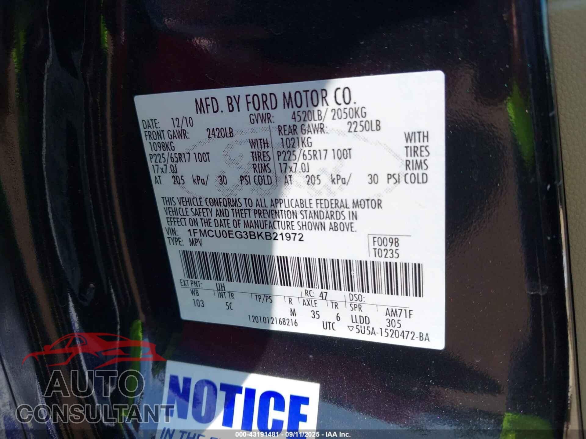 FORD ESCAPE 2011 - 1FMCU0EG3BKB21972