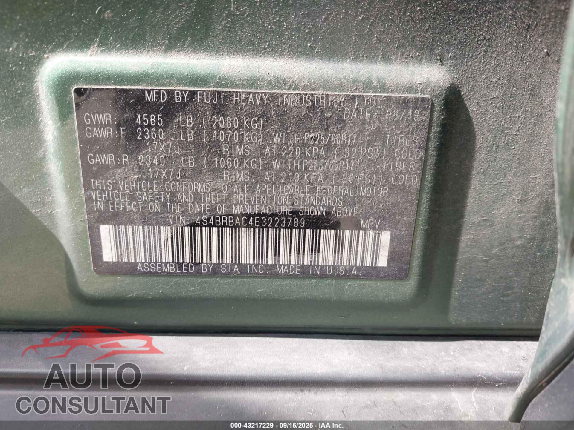 SUBARU OUTBACK 2014 - 4S4BRBAC4E3223789