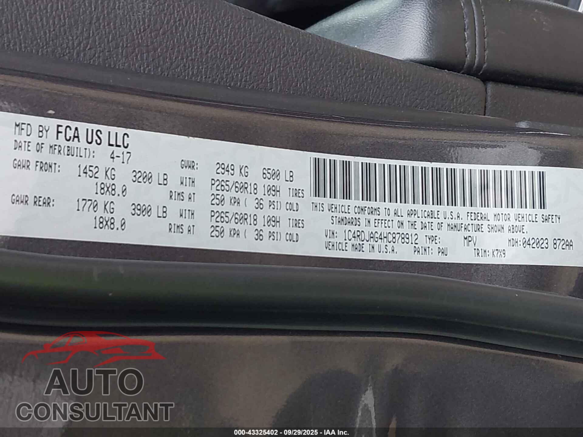 DODGE DURANGO 2017 - 1C4RDJAG4HC878912