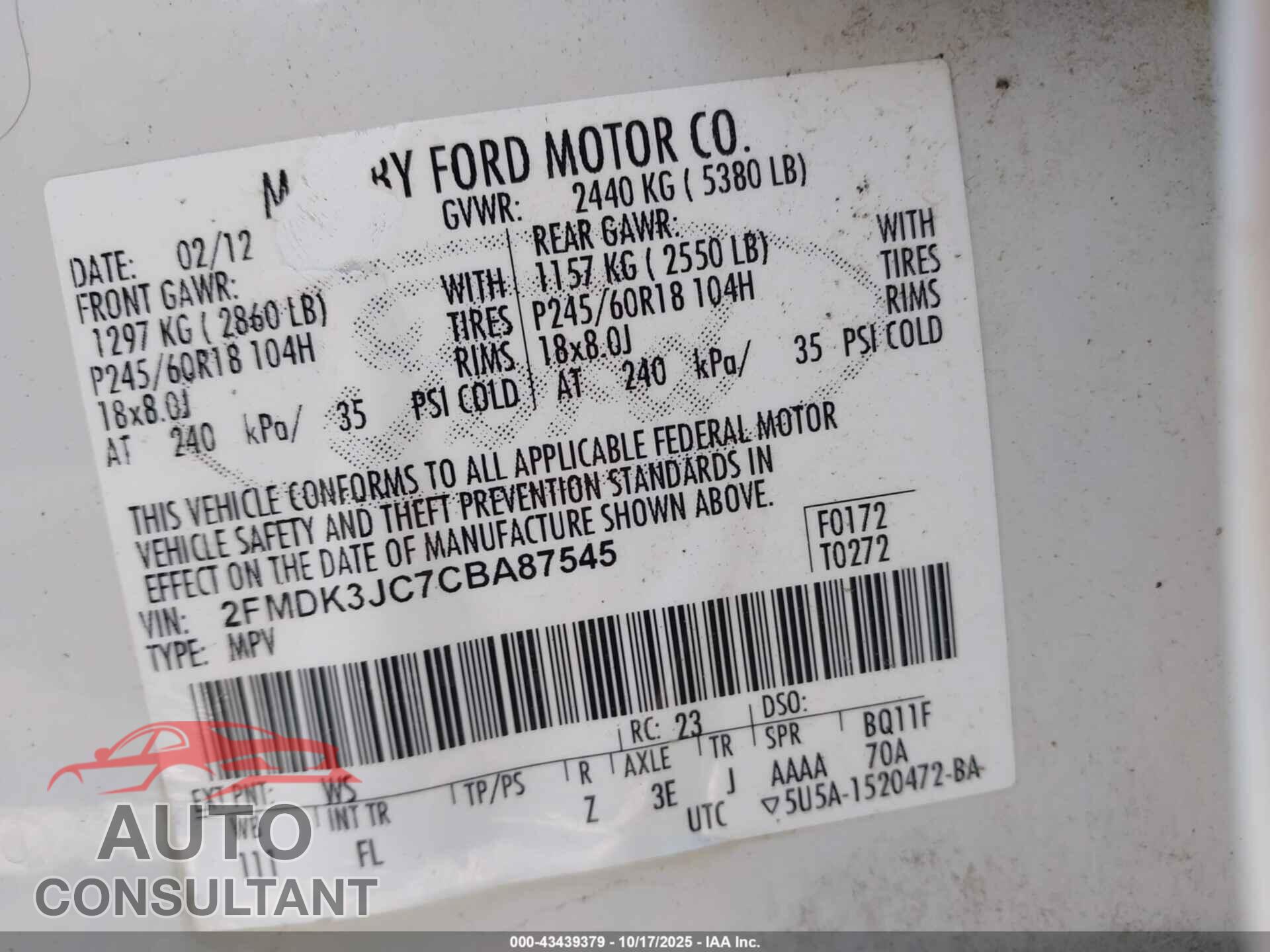 FORD EDGE 2012 - 2FMDK3JC7CBA87545