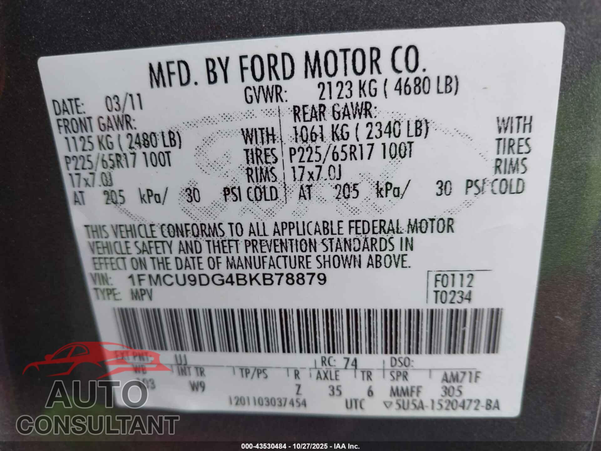 FORD ESCAPE 2011 - 01FMCU9DG4BKB7887