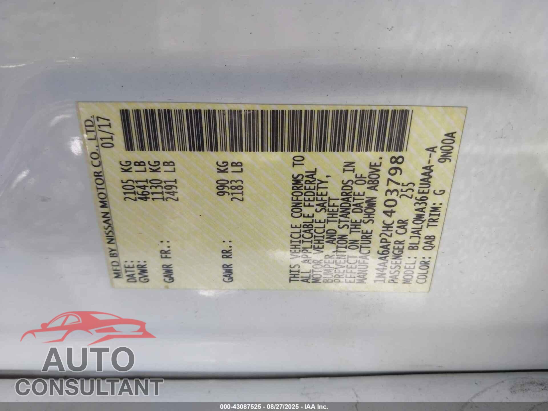 NISSAN MAXIMA 2017 - 1N4AA6AP2HC403798