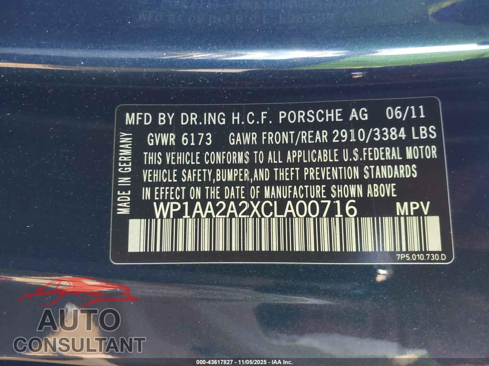 PORSCHE CAYENNE 2012 - WP1AA2A2XCLA00716