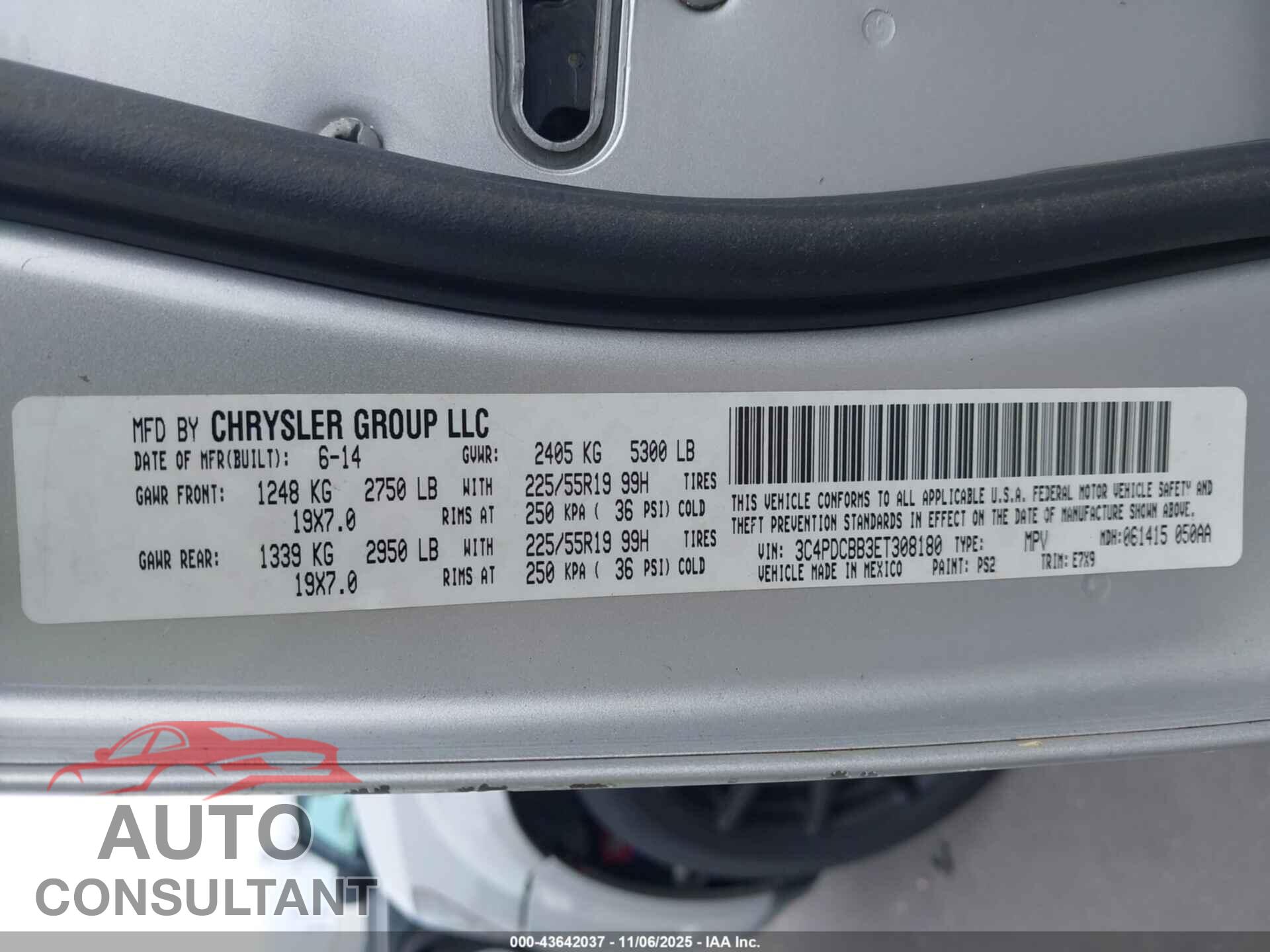 DODGE JOURNEY 2014 - 3C4PDCBB3ET308180