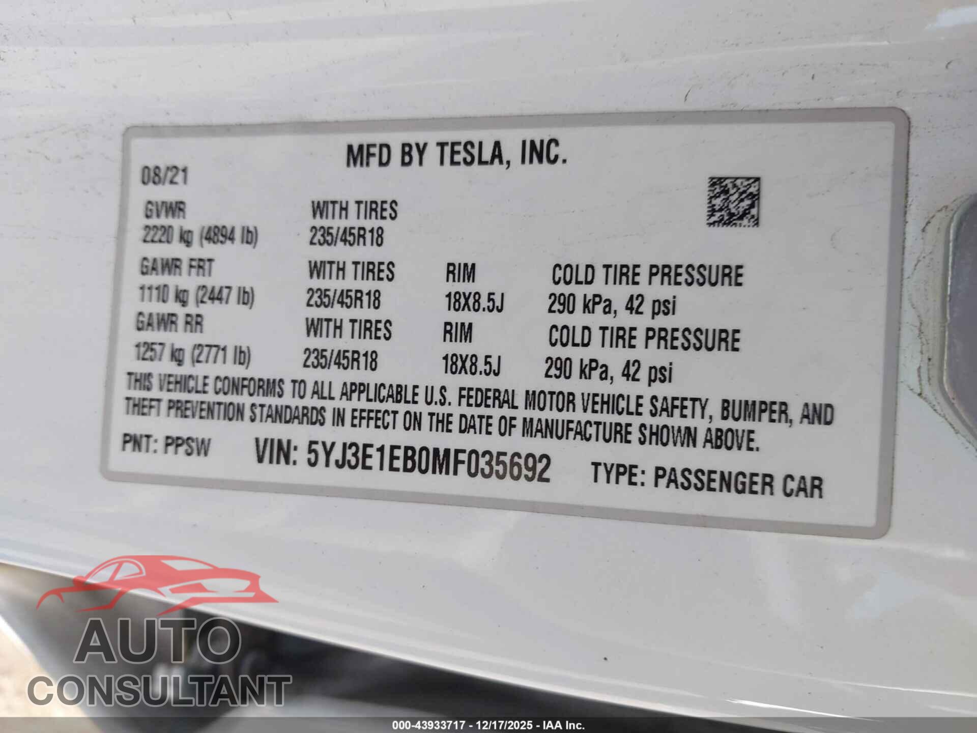 TESLA MODEL 3 2021 - 5YJ3E1EB0MF035692