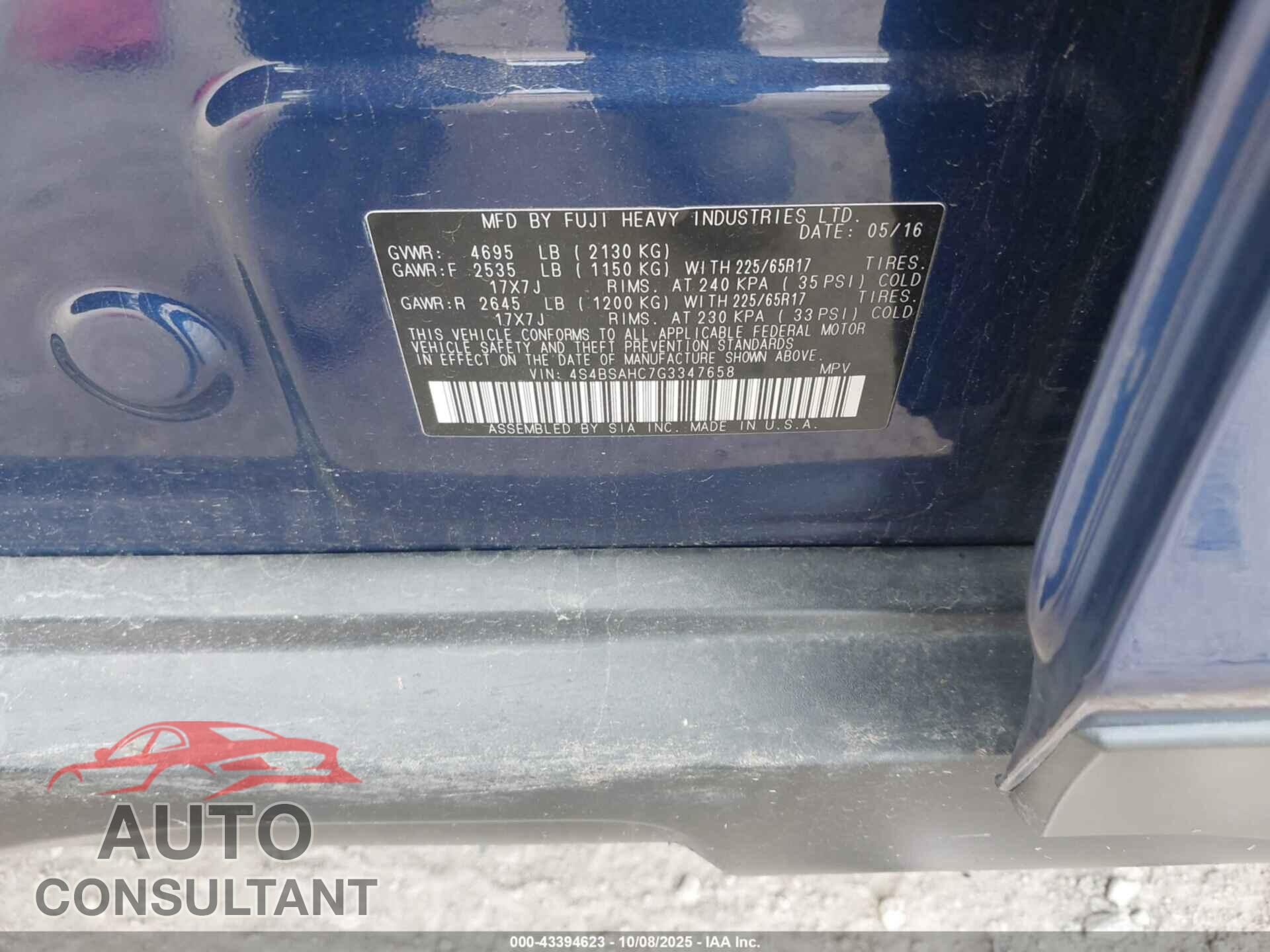 SUBARU OUTBACK 2016 - 4S4BSAHC7G3347658