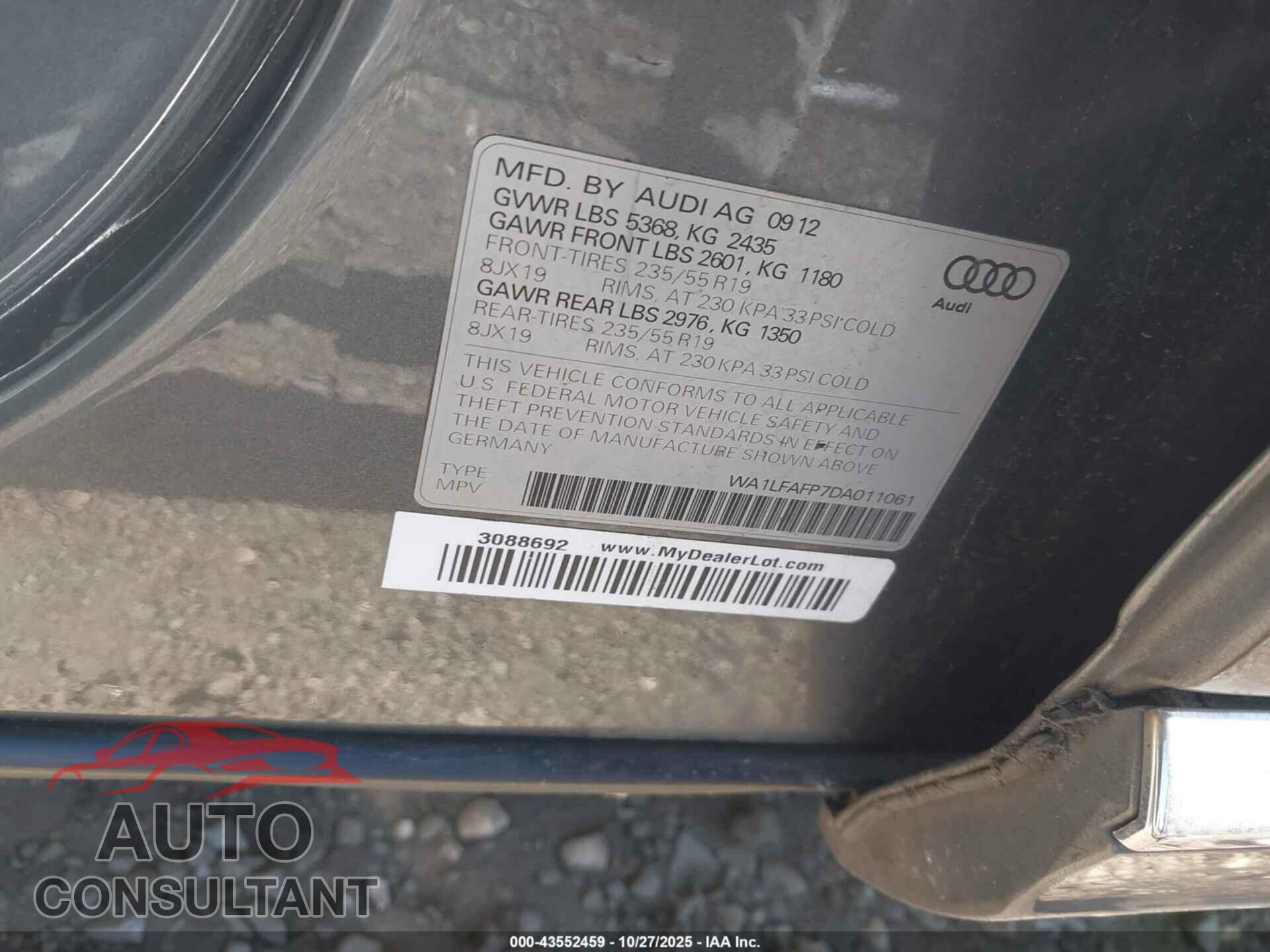 AUDI Q5 2013 - WA1LFAFP7DA011061