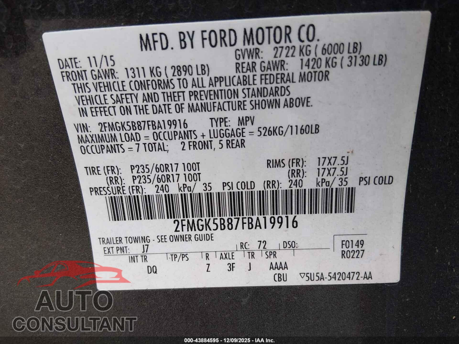 FORD FLEX 2015 - 2FMGK5B87FBA19916