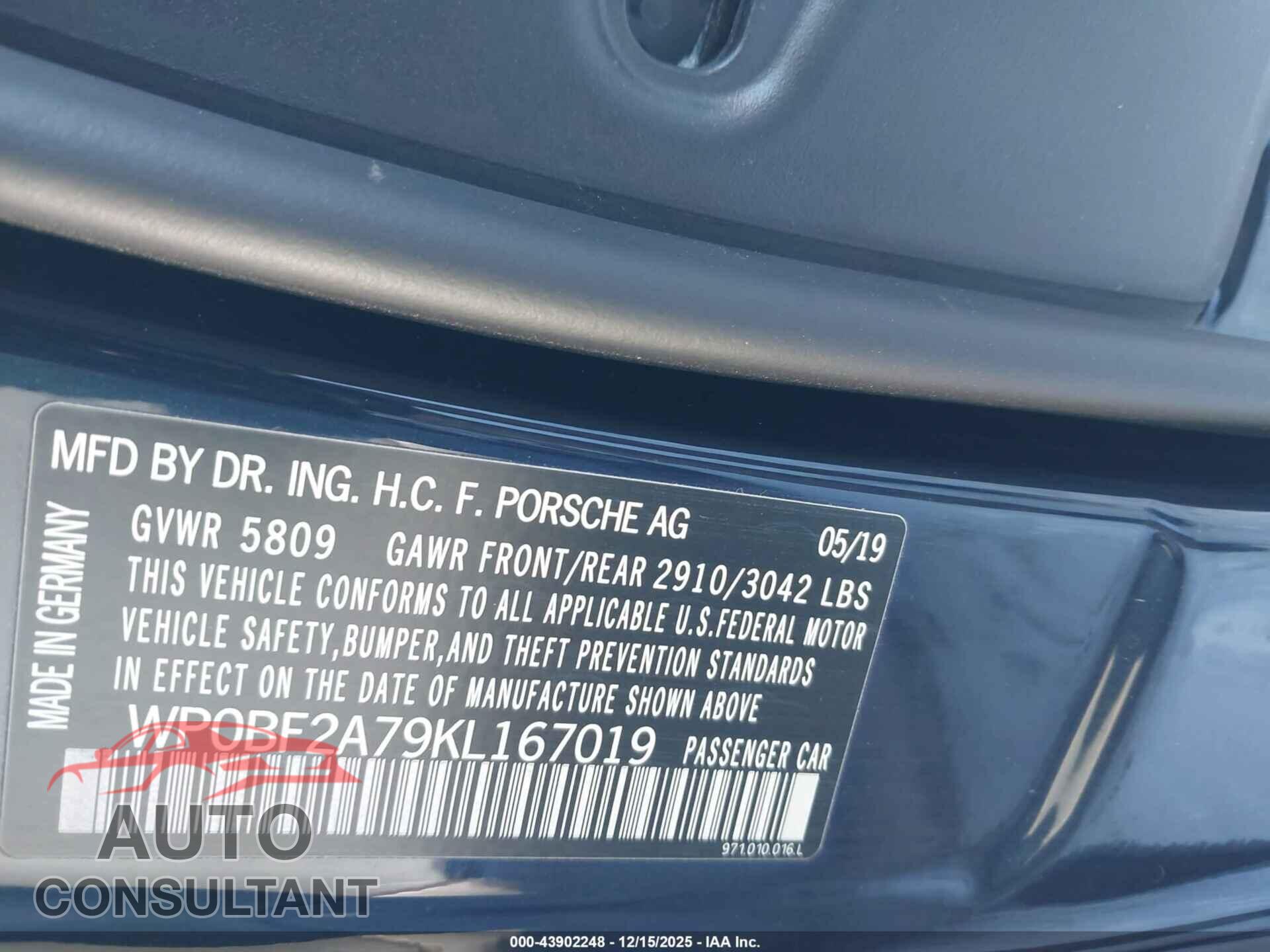 PORSCHE PANAMERA 2019 - WP0BF2A79KL167019