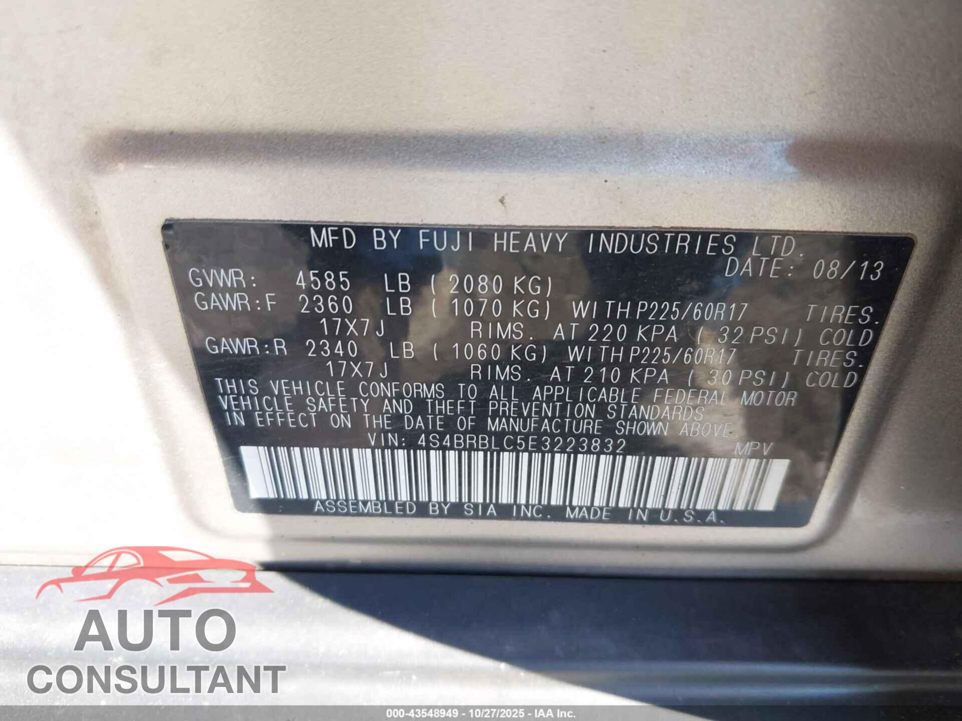 SUBARU OUTBACK 2014 - 4S4BRBLC5E3223832