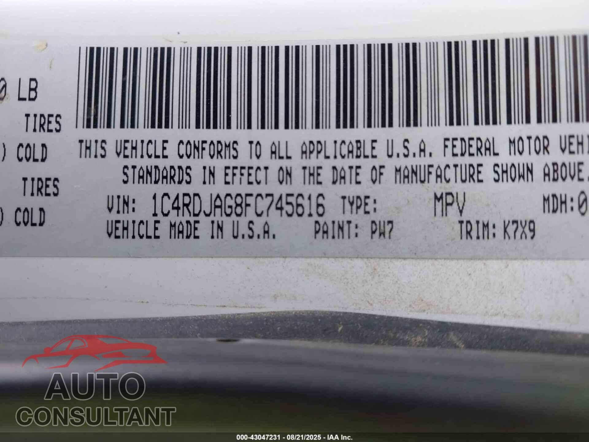 DODGE DURANGO 2015 - 1C4RDJAG8FC745616