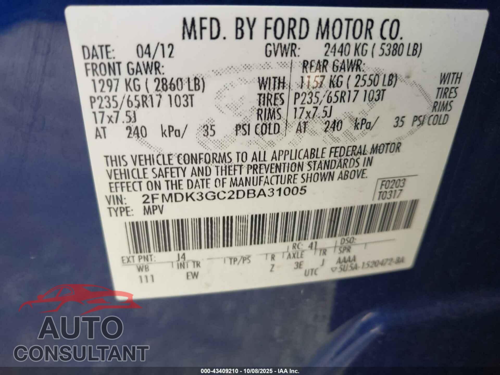 FORD EDGE 2013 - 2FMDK3GC2DBA31005