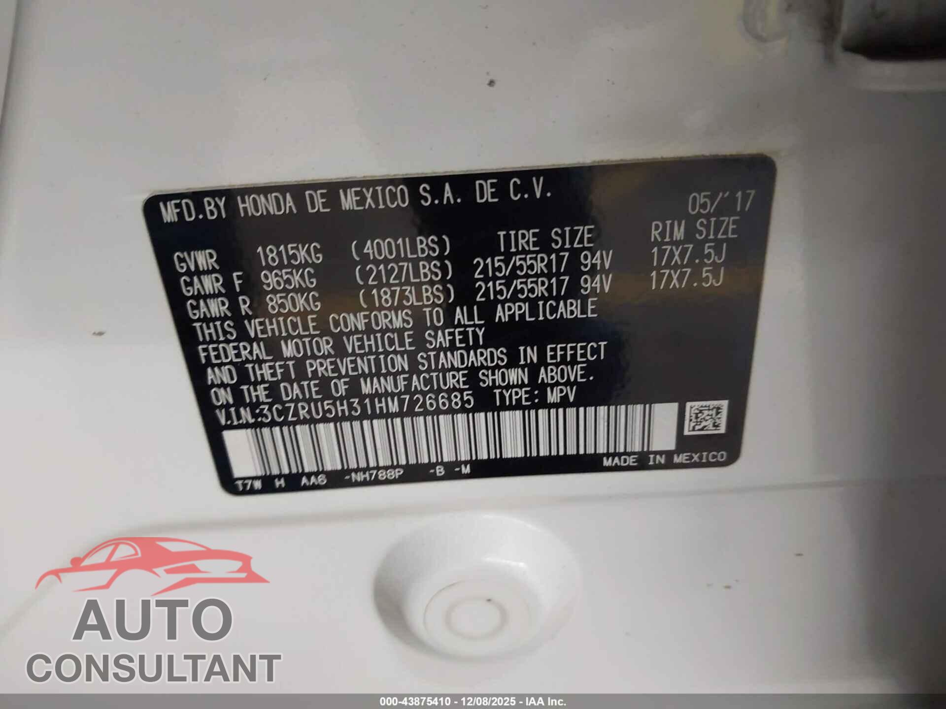 HONDA HR-V 2017 - 3CZRU5H31HM726685