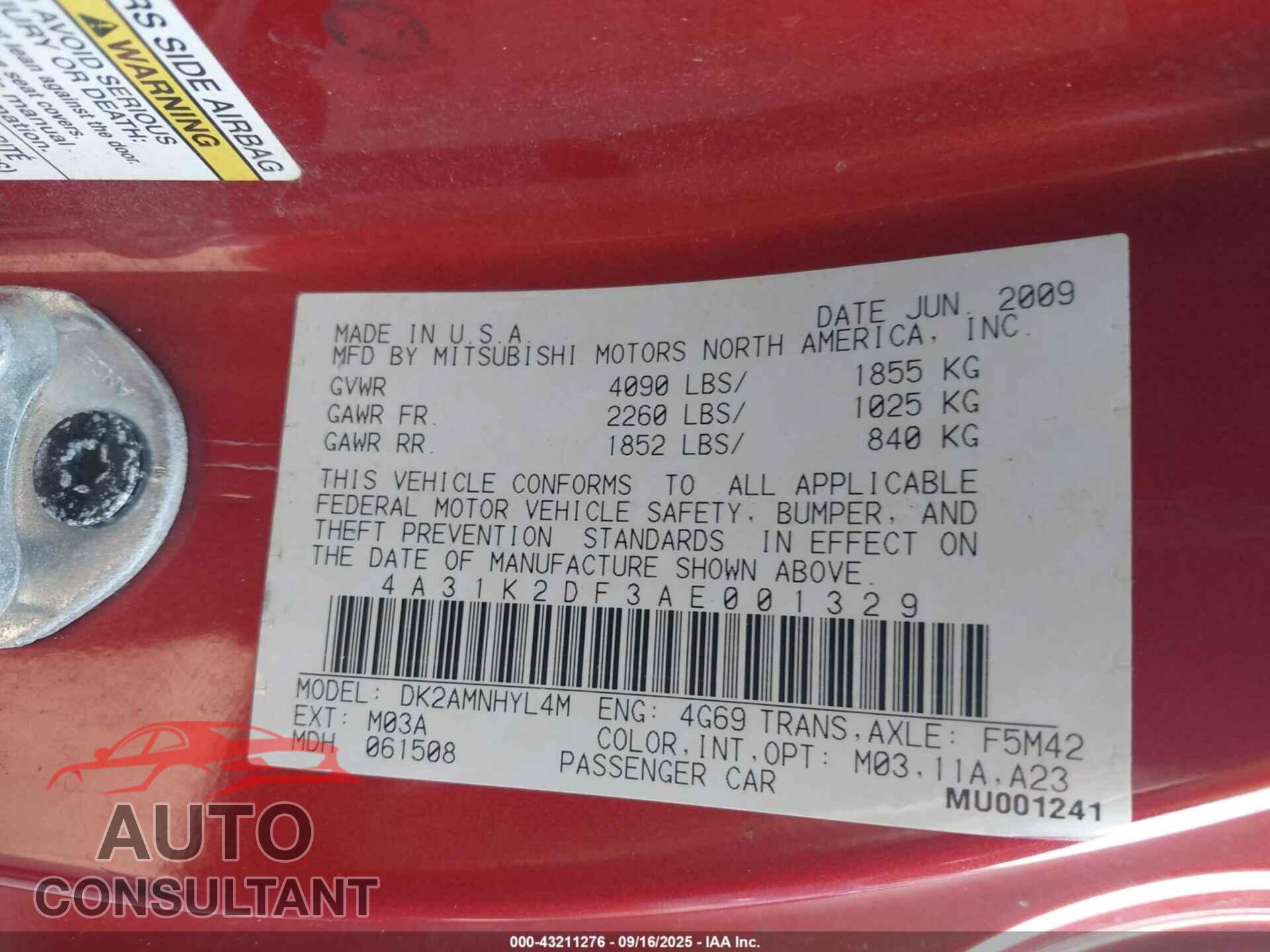 MITSUBISHI ECLIPSE 2010 - 4A31K2DF3AE001329