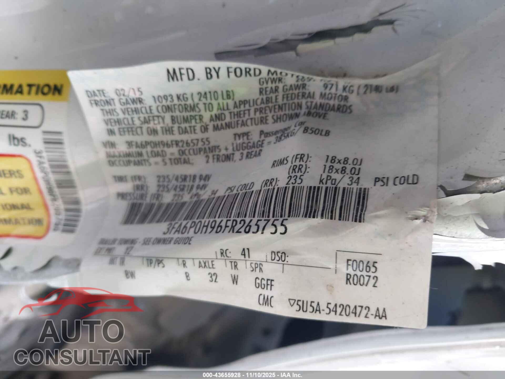 FORD FUSION 2015 - 3FA6P0H96FR265755