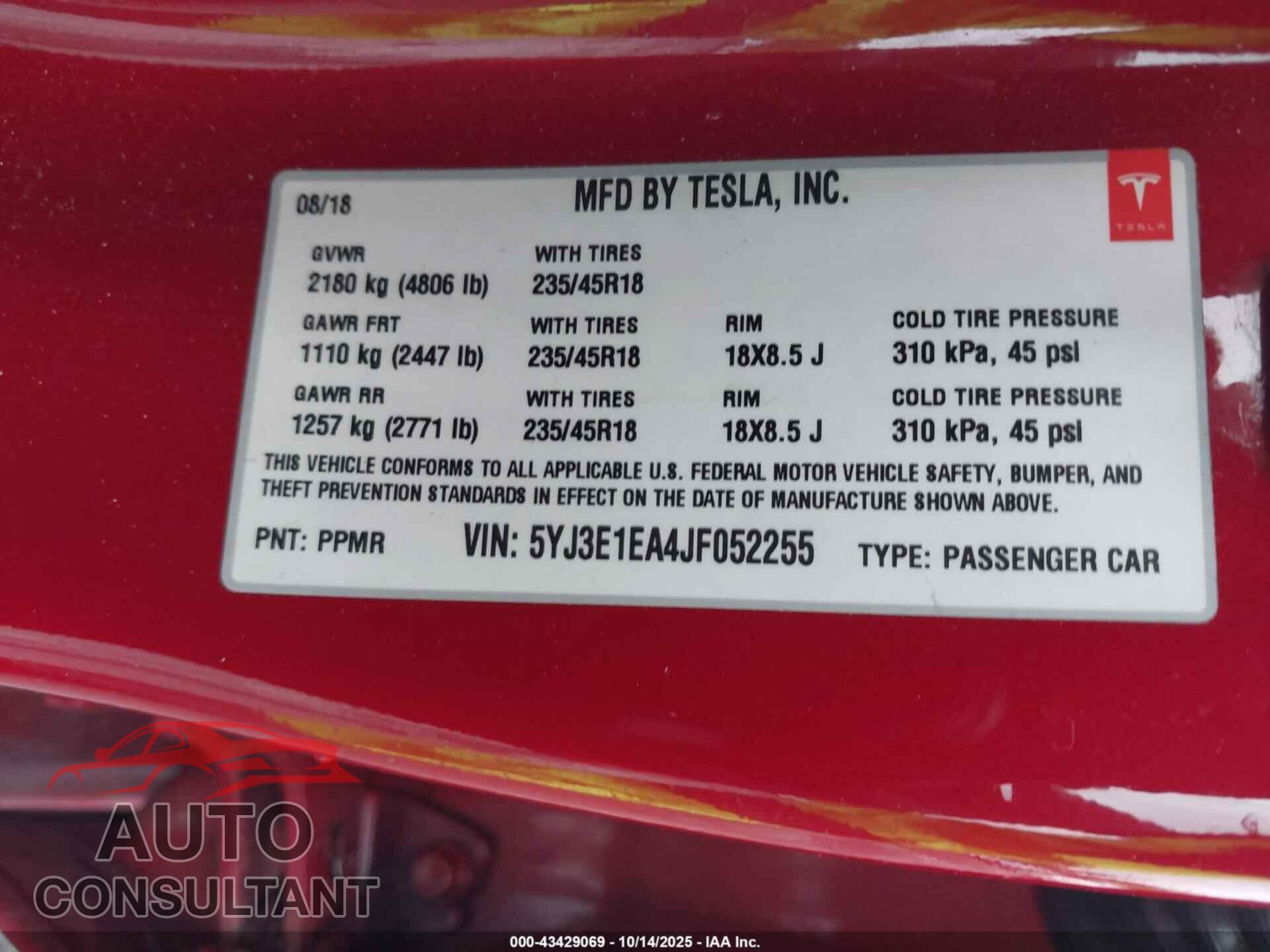 TESLA MODEL 3 2018 - 5YJ3E1EA4JF052255