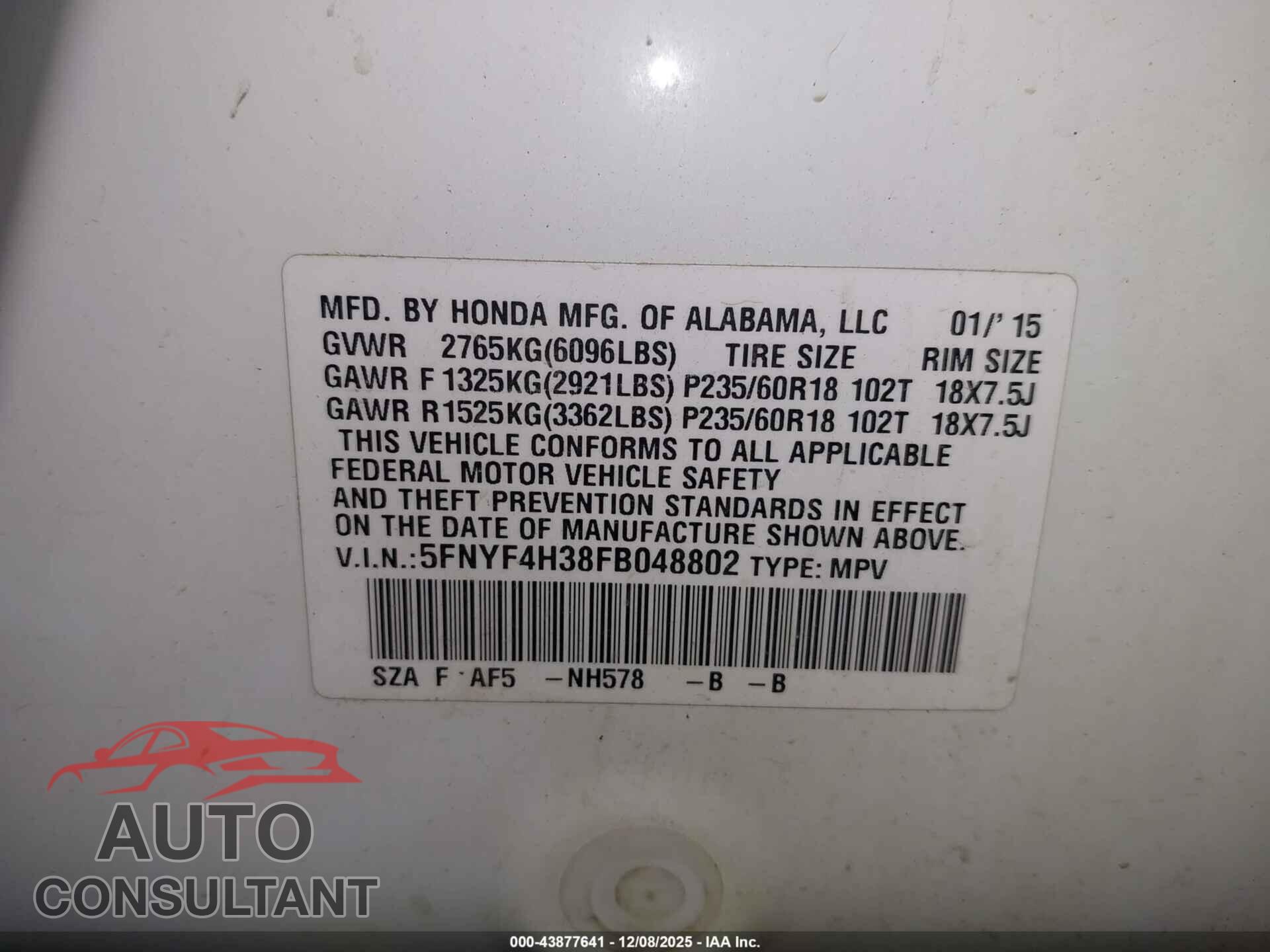 HONDA PILOT 2015 - 5FNYF4H38FB048802