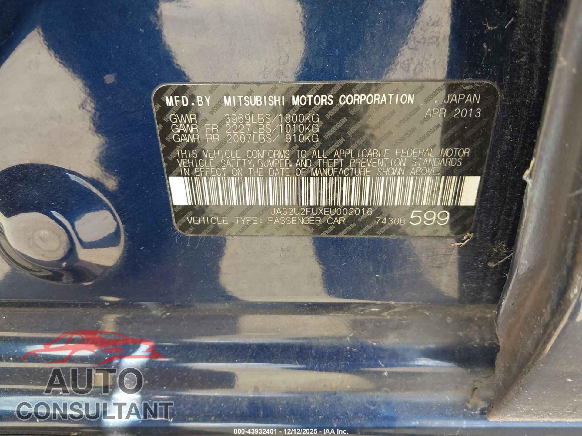 MITSUBISHI LANCER 2014 - JA32U2FUXEU002016