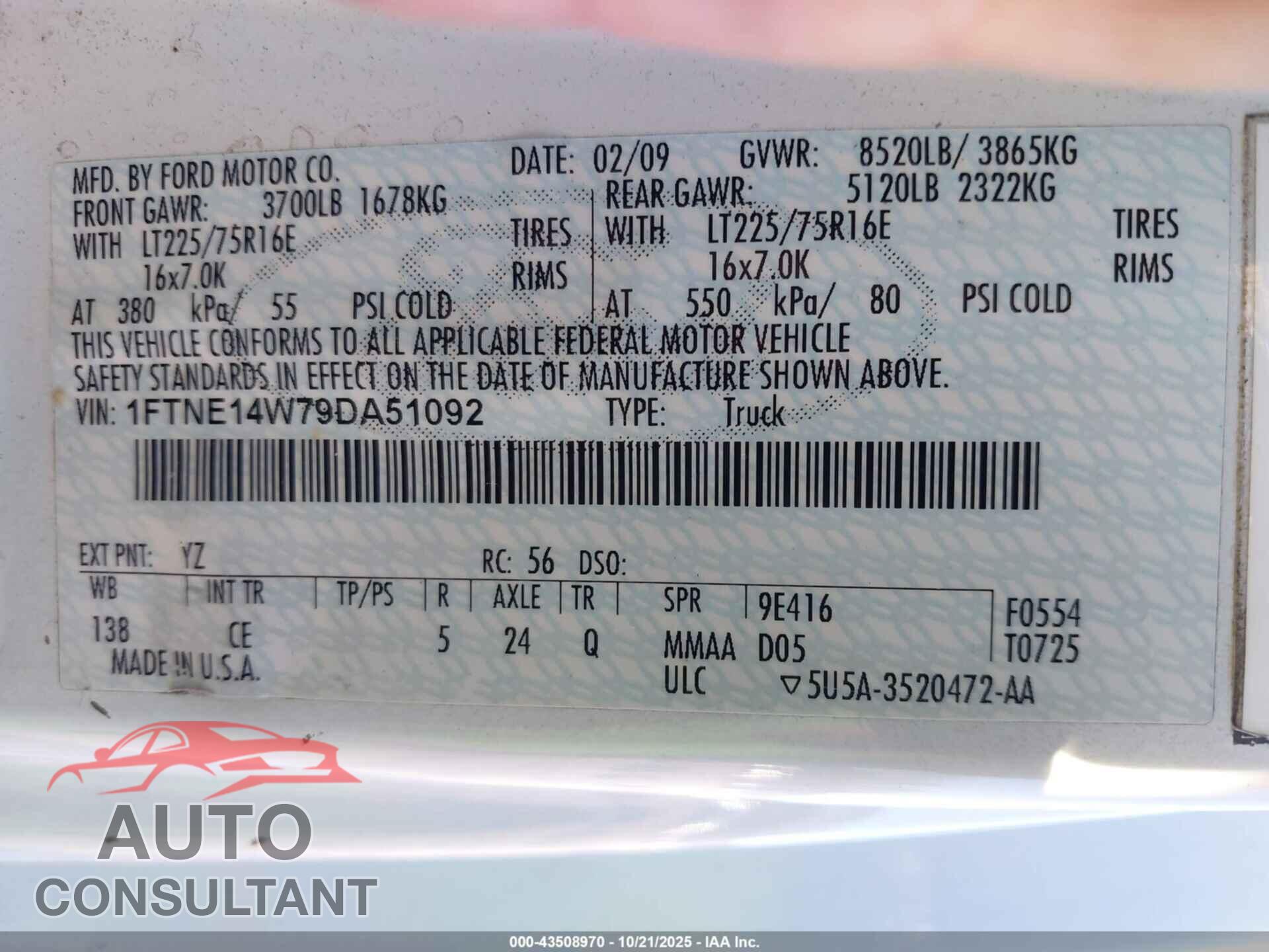 FORD E-150 2009 - 1FTNE14W79DA51092