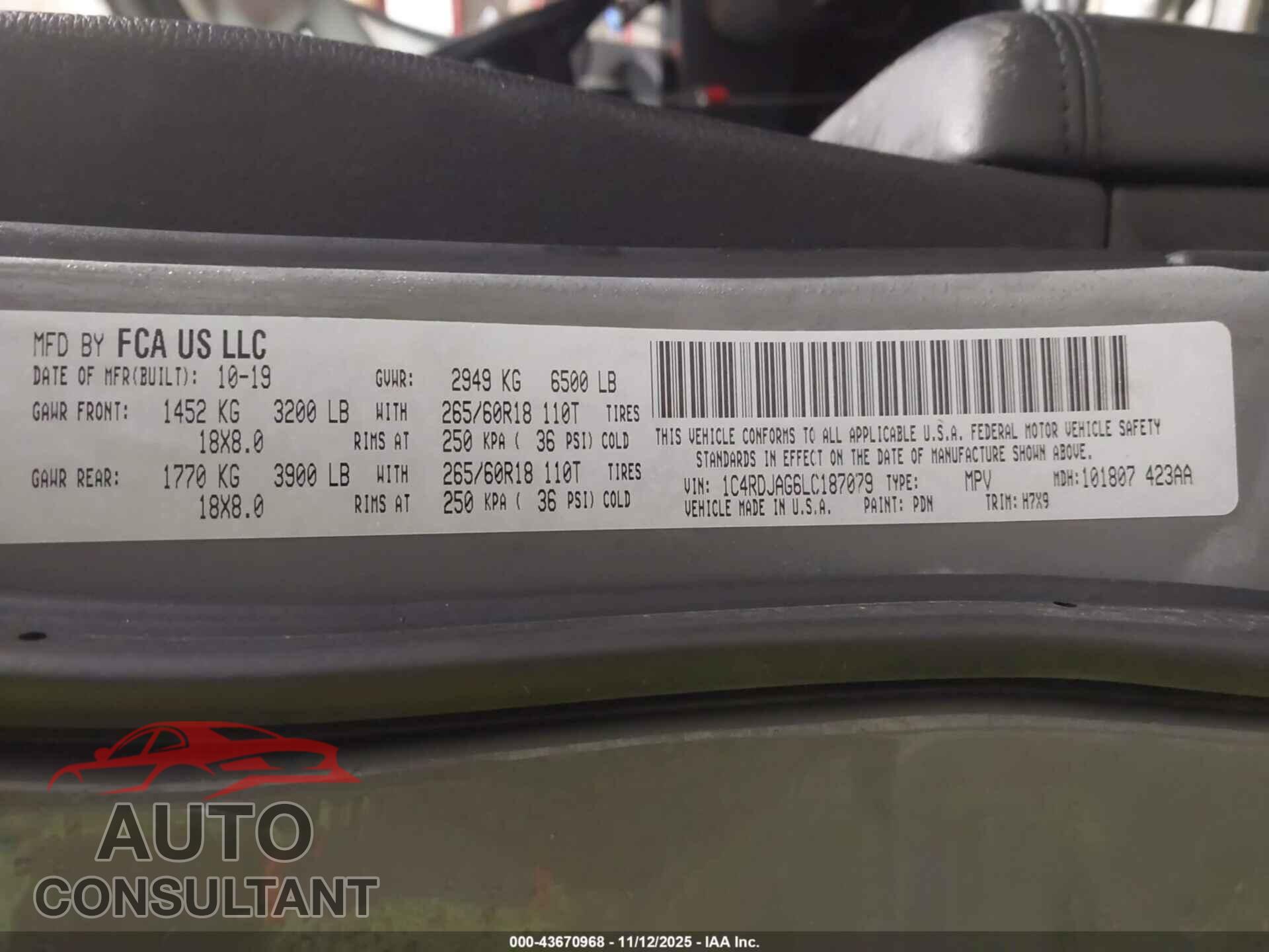 DODGE DURANGO 2020 - 1C4RDJAG6LC187079