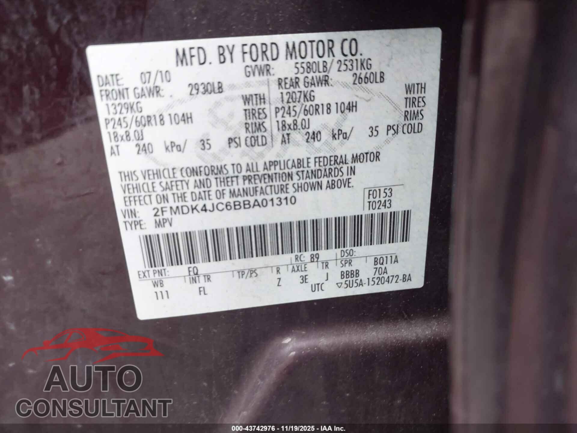 FORD EDGE 2011 - 2FMDK4JC6BBA01310