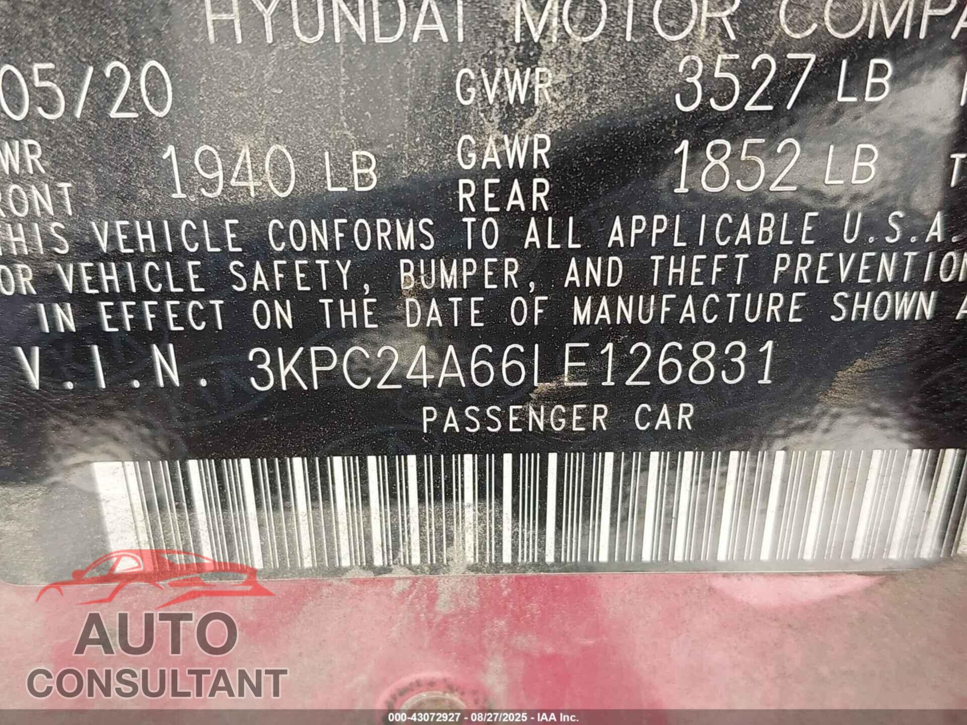 HYUNDAI ACCENT 2020 - 3KPC24A66LE126831