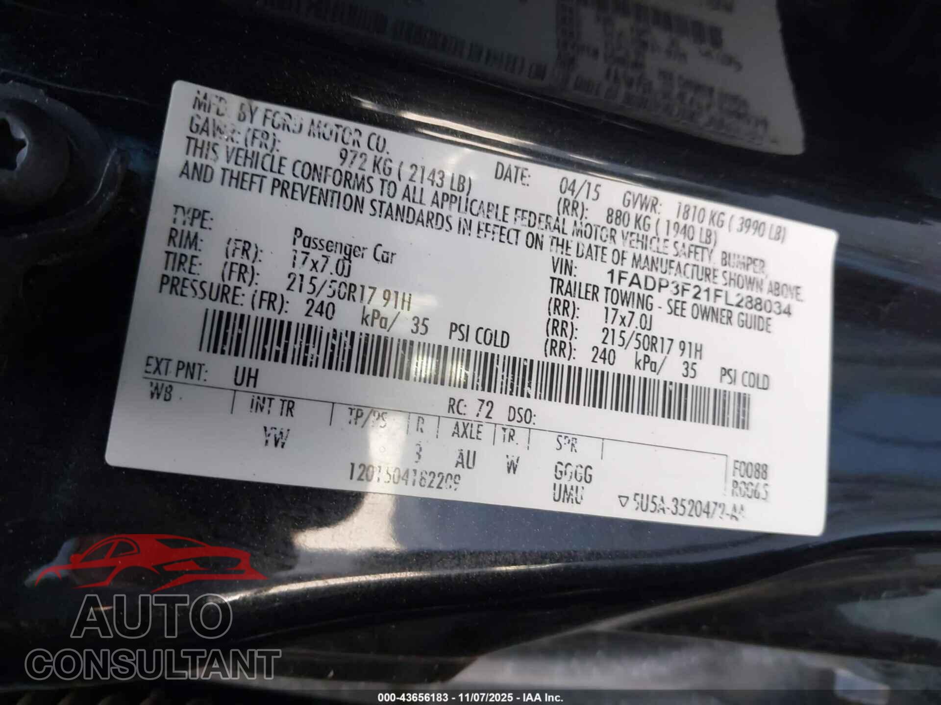 FORD FOCUS 2015 - 1FADP3F21FL288034