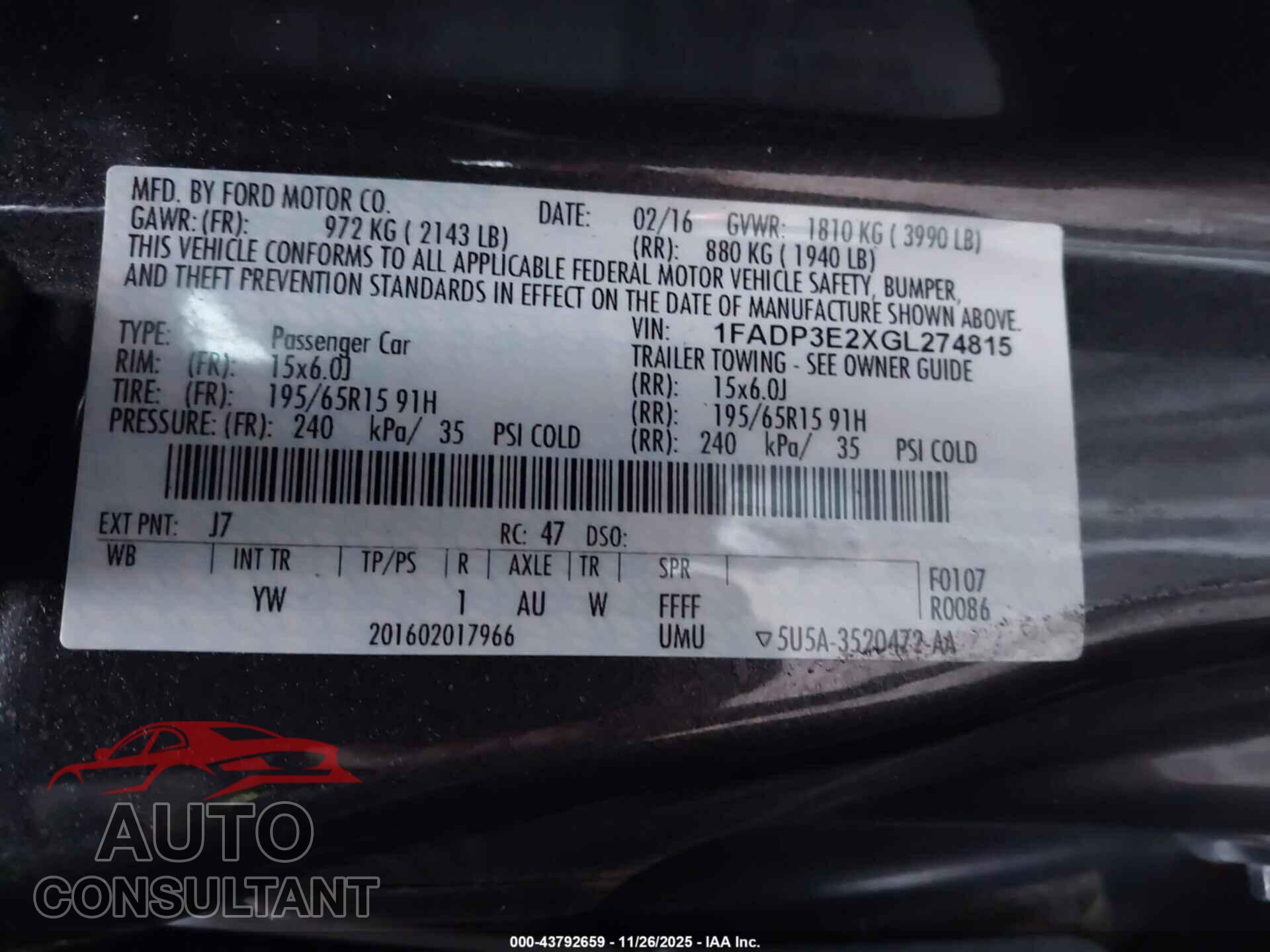 FORD FOCUS 2016 - 1FADP3E2XGL274815