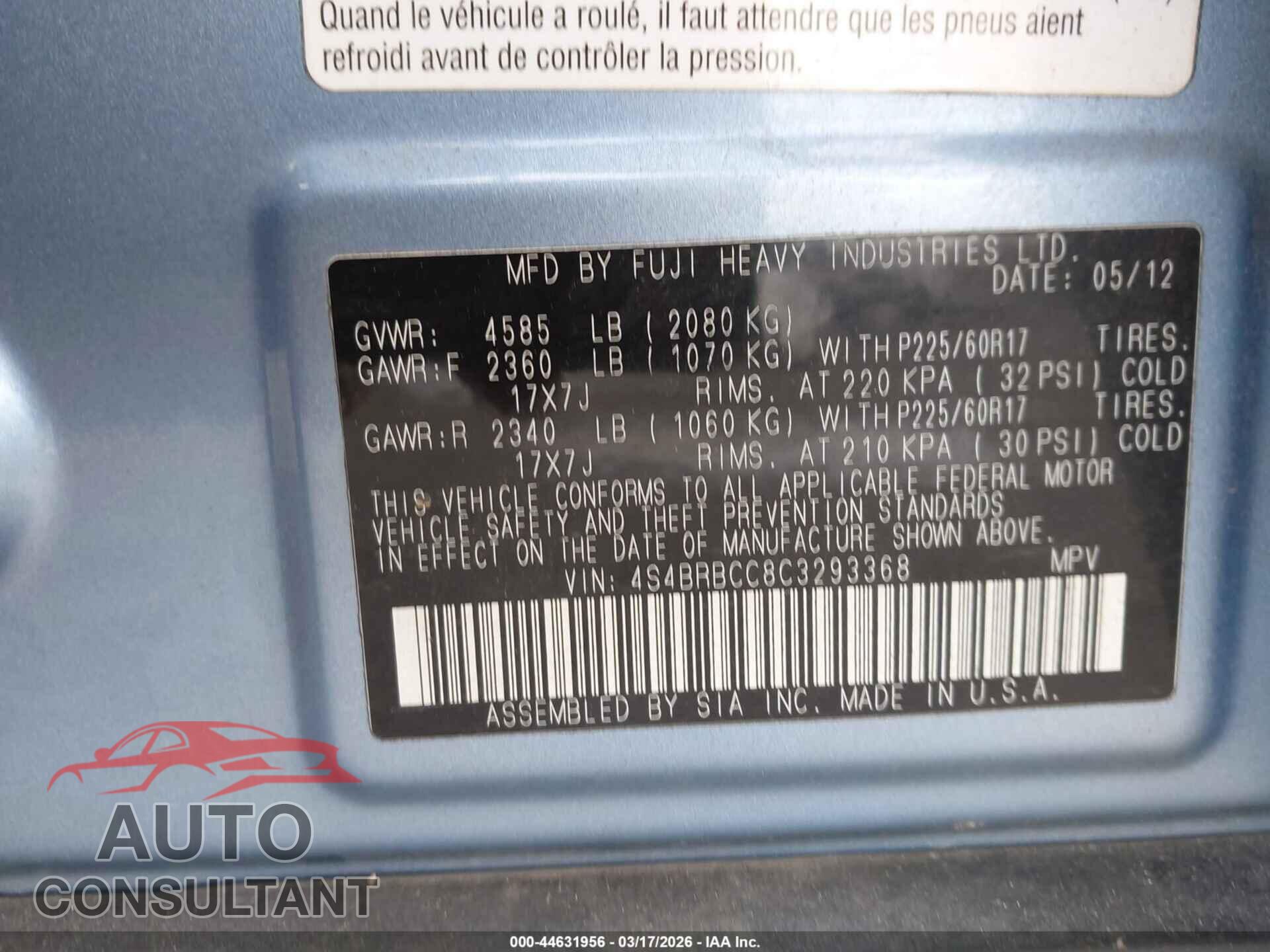 SUBARU OUTBACK 2012 - 4S4BRBCC8C3293368